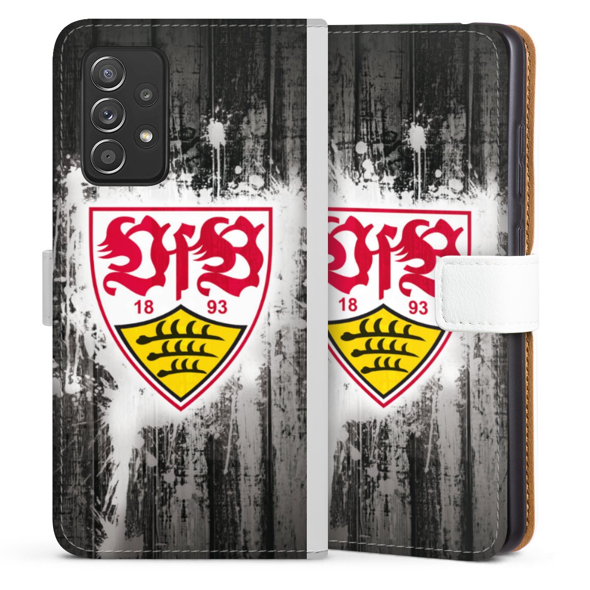 Galaxy A52 5G Handy Klapphülle Handyhülle aus Kunst Leder weiß Flip Case Vfb Stuttgart Official Licensed Product Sideflip mit Lasche