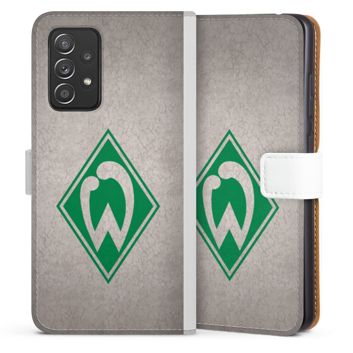 Galaxy A52 5G Handy Klapphülle Handyhülle aus Kunst Leder weiß Flip Case Sv Werder Bremen Concrete Official Licensed Product Sideflip mit Lasche