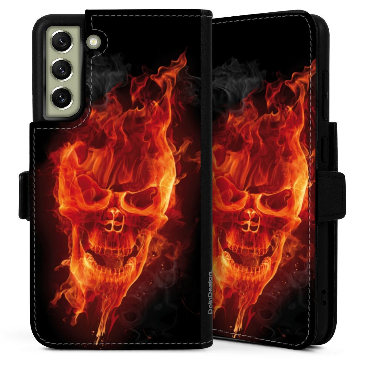 Galaxy S21 FE 5G Handy Klapphülle Handyhülle aus Kunst Leder schwarz Flip Case Totenkopf Skull Fire Sideflip mit Lasche