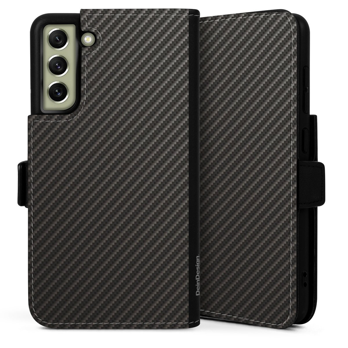 Galaxy S21 FE 5G Handy Klapphülle Handyhülle aus Kunst Leder schwarz Flip Case Metallic Look Carbon Muster Sideflip mit Lasche