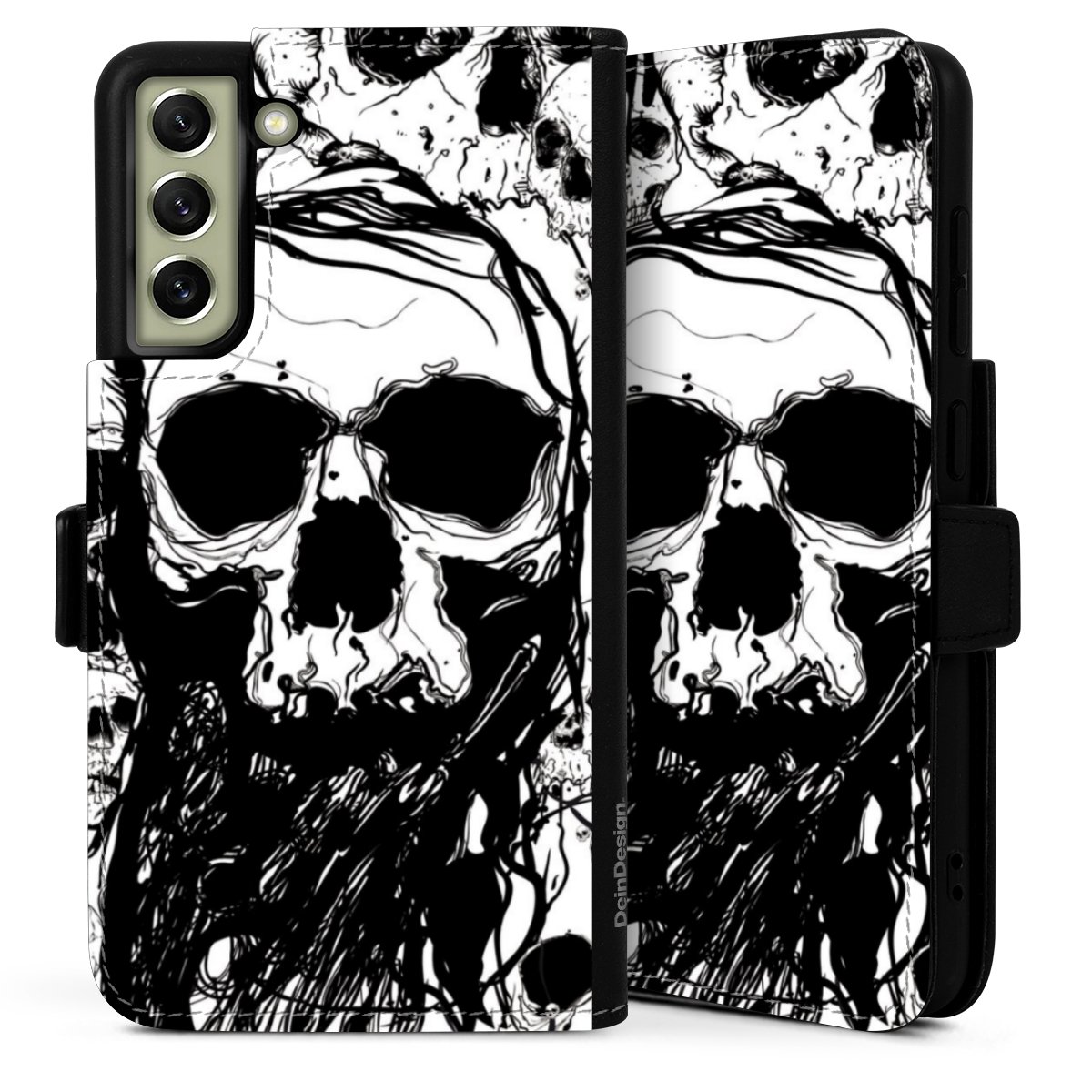 Galaxy S21 FE 5G Handy Klapphülle Handyhülle aus Kunst Leder schwarz Flip Case Totenkopf Halloween Sideflip mit Lasche