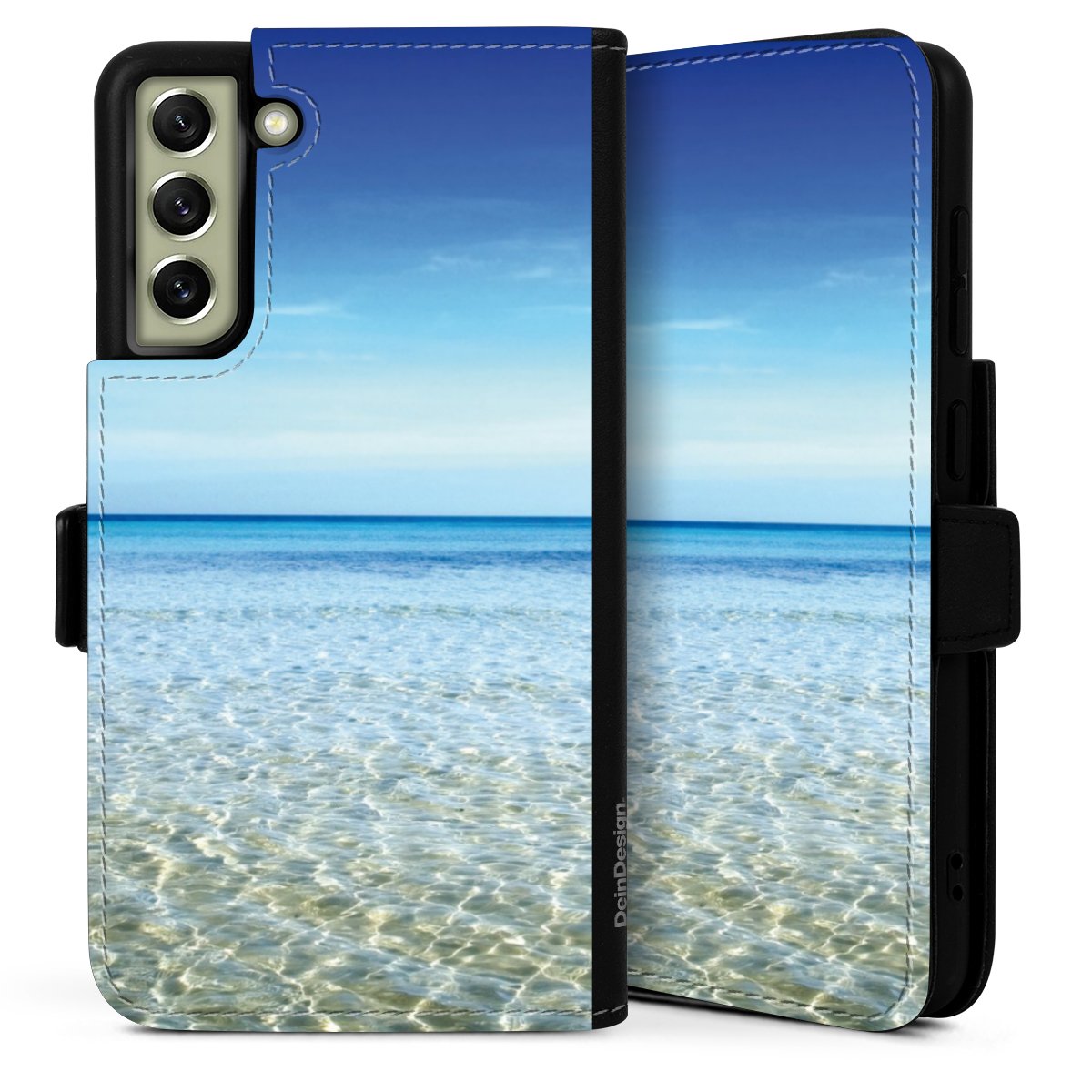 Galaxy S21 FE 5G Handy Klapphülle Handyhülle aus Kunst Leder schwarz Flip Case Urlaub Sky Ocean Sideflip mit Lasche