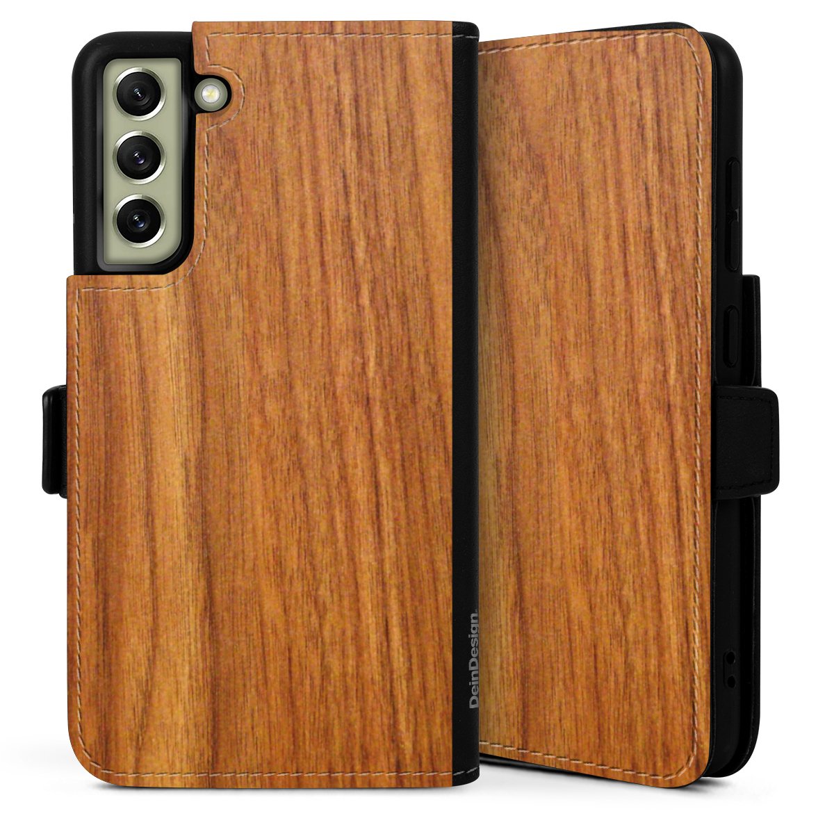 Galaxy S21 FE 5G Handy Klapphülle Handyhülle aus Kunst Leder schwarz Flip Case Wood Larch Wooden Look Sideflip mit Lasche