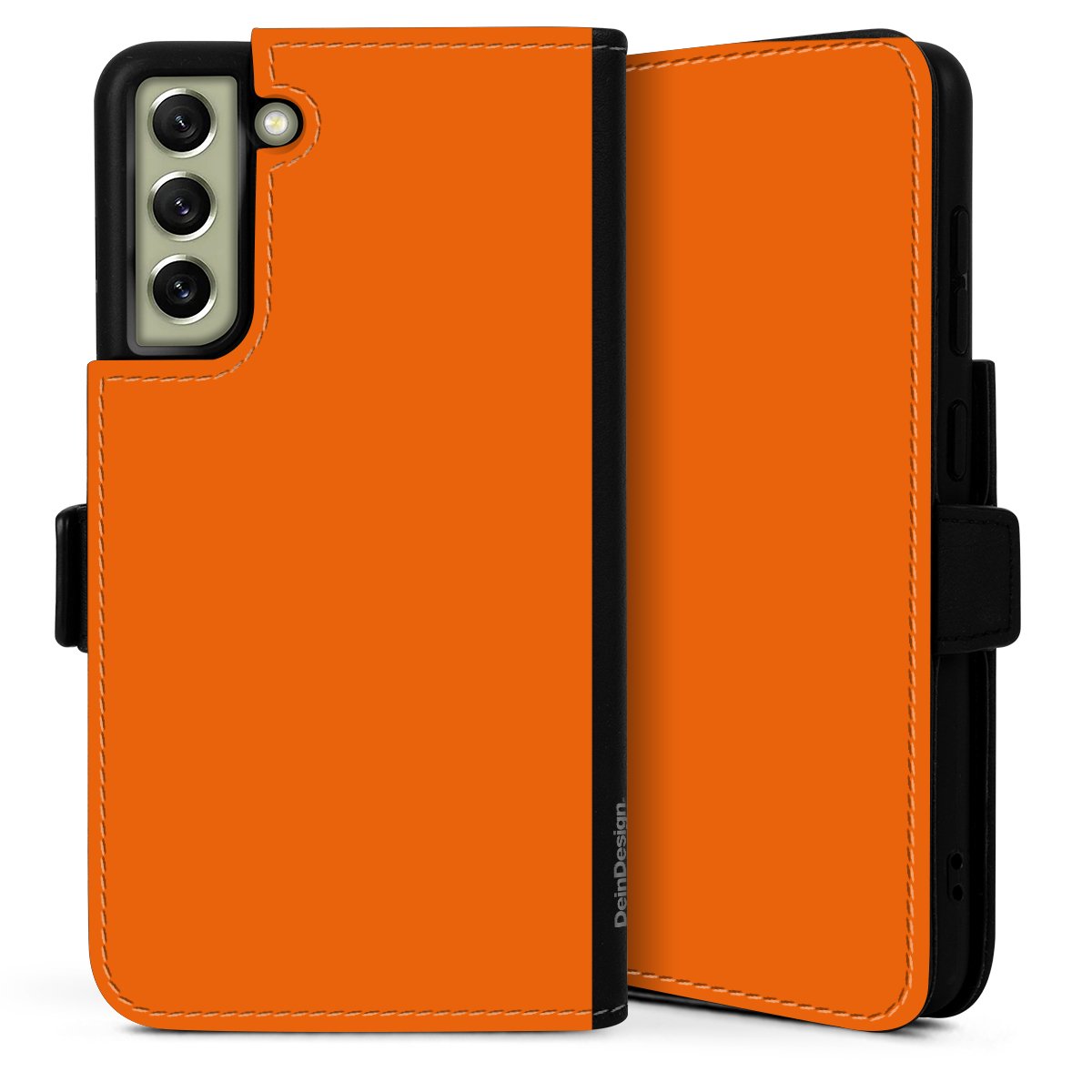 Galaxy S21 FE 5G Handy Klapphülle Handyhülle aus Kunst Leder schwarz Flip Case Orange Colour Unicoloured Sideflip mit Lasche