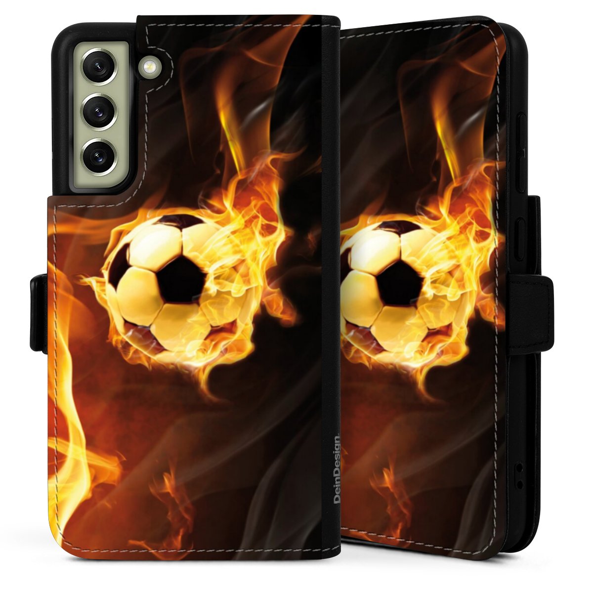 Galaxy S21 FE 5G Handy Klapphülle Handyhülle aus Kunst Leder schwarz Flip Case Ball Fire Soccer Sideflip mit Lasche