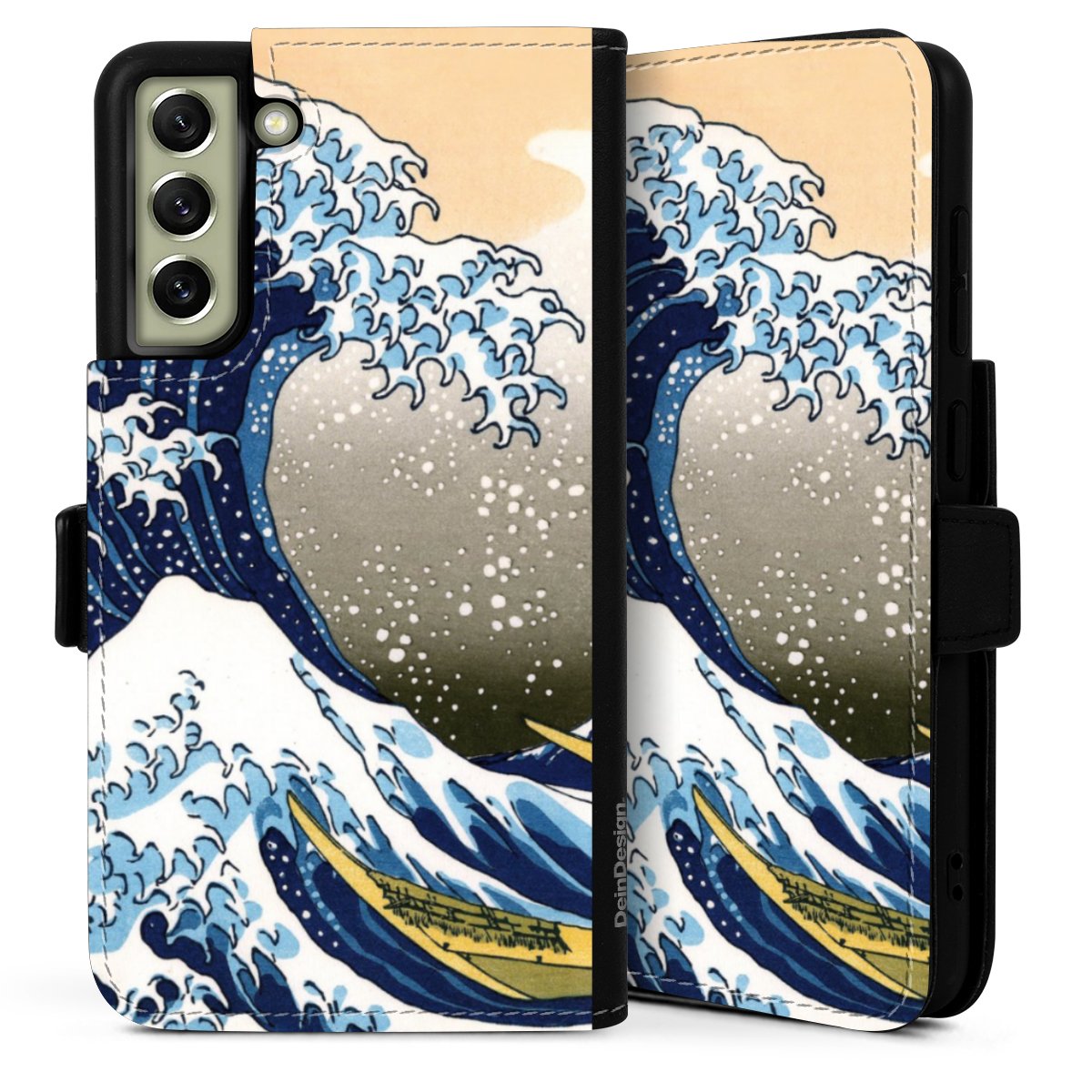 Galaxy S21 FE 5G Handy Klapphülle Handyhülle aus Kunst Leder schwarz Flip Case Kunst Katsushika Hokusai Die Große Welle Vor Kanagawa Sideflip mit Lasche