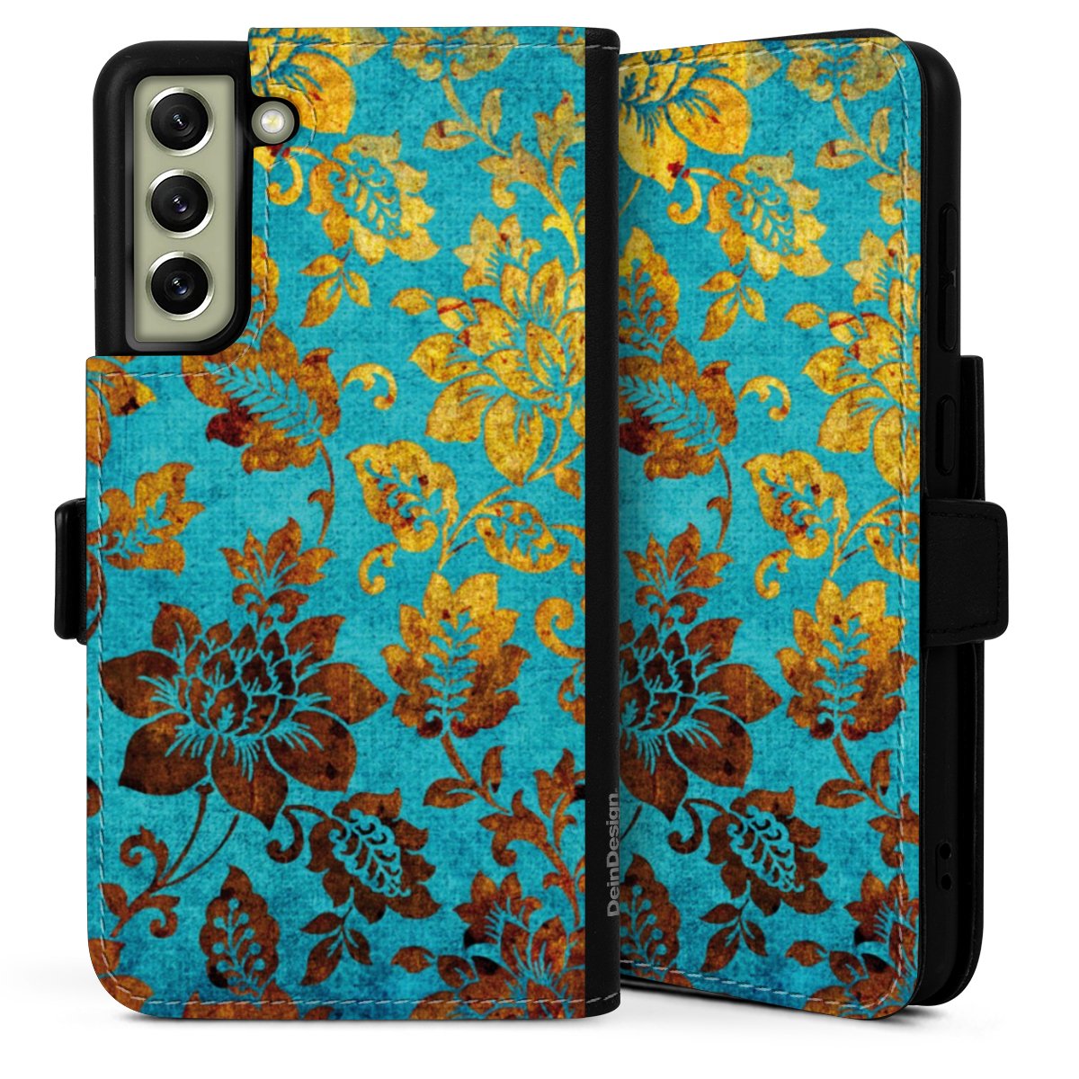 Galaxy S21 FE 5G Handy Klapphülle Handyhülle aus Kunst Leder schwarz Flip Case Ornament Vintage Flowers Sideflip mit Lasche