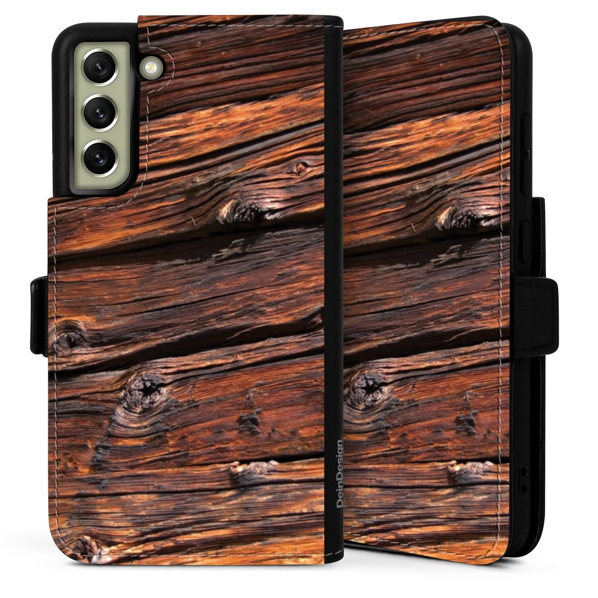 Galaxy S21 FE 5G Handy Klapphülle Handyhülle aus Kunst Leder schwarz Flip Case Beams Wooden Look Wood Sideflip mit Lasche