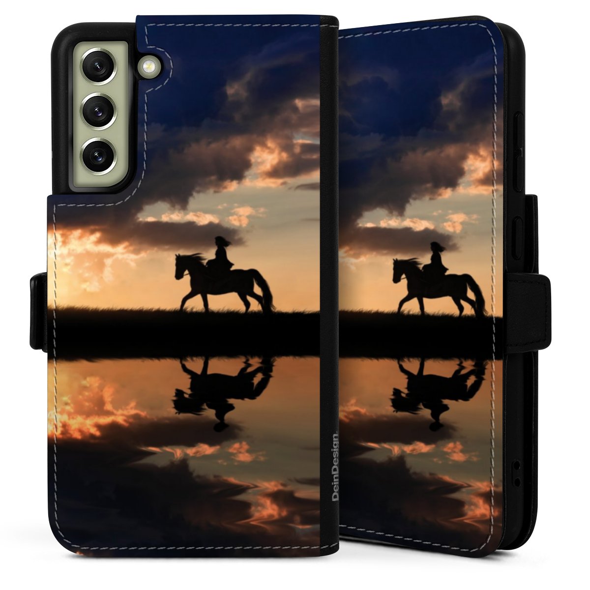 Galaxy S21 FE 5G Handy Klapphülle Handyhülle aus Kunst Leder schwarz Flip Case Horse Sunset Horseback Riding Sideflip mit Lasche