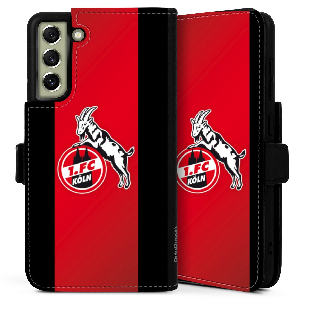 Galaxy S21 FE 5G Handy Klapphülle Handyhülle aus Kunst Leder schwarz Flip Case Official Licensed Product Billy Goat Hennes 1. Fc Köln Sideflip mit Lasche