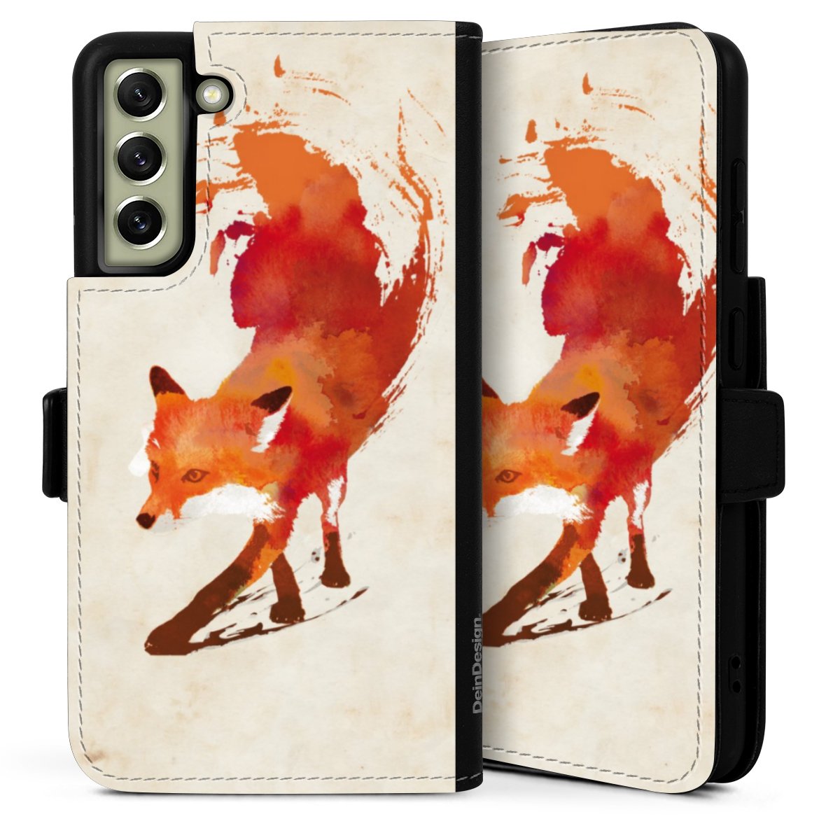 Galaxy S21 FE 5G Handy Klapphülle Handyhülle aus Kunst Leder schwarz Flip Case Fox Graphic Sideflip mit Lasche