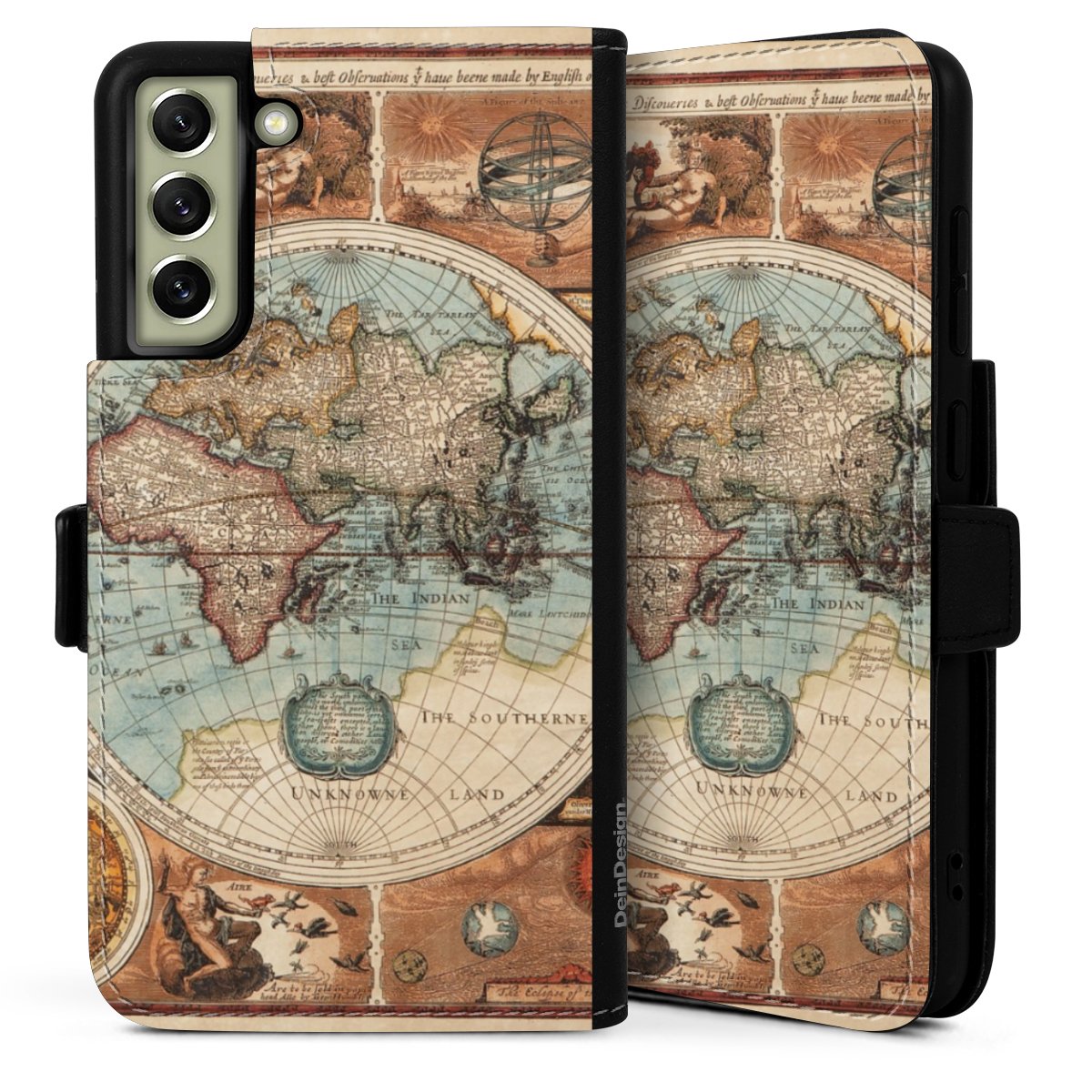 Galaxy S21 FE 5G Handy Klapphülle Handyhülle aus Kunst Leder schwarz Flip Case World Map Vintage Map Sideflip mit Lasche