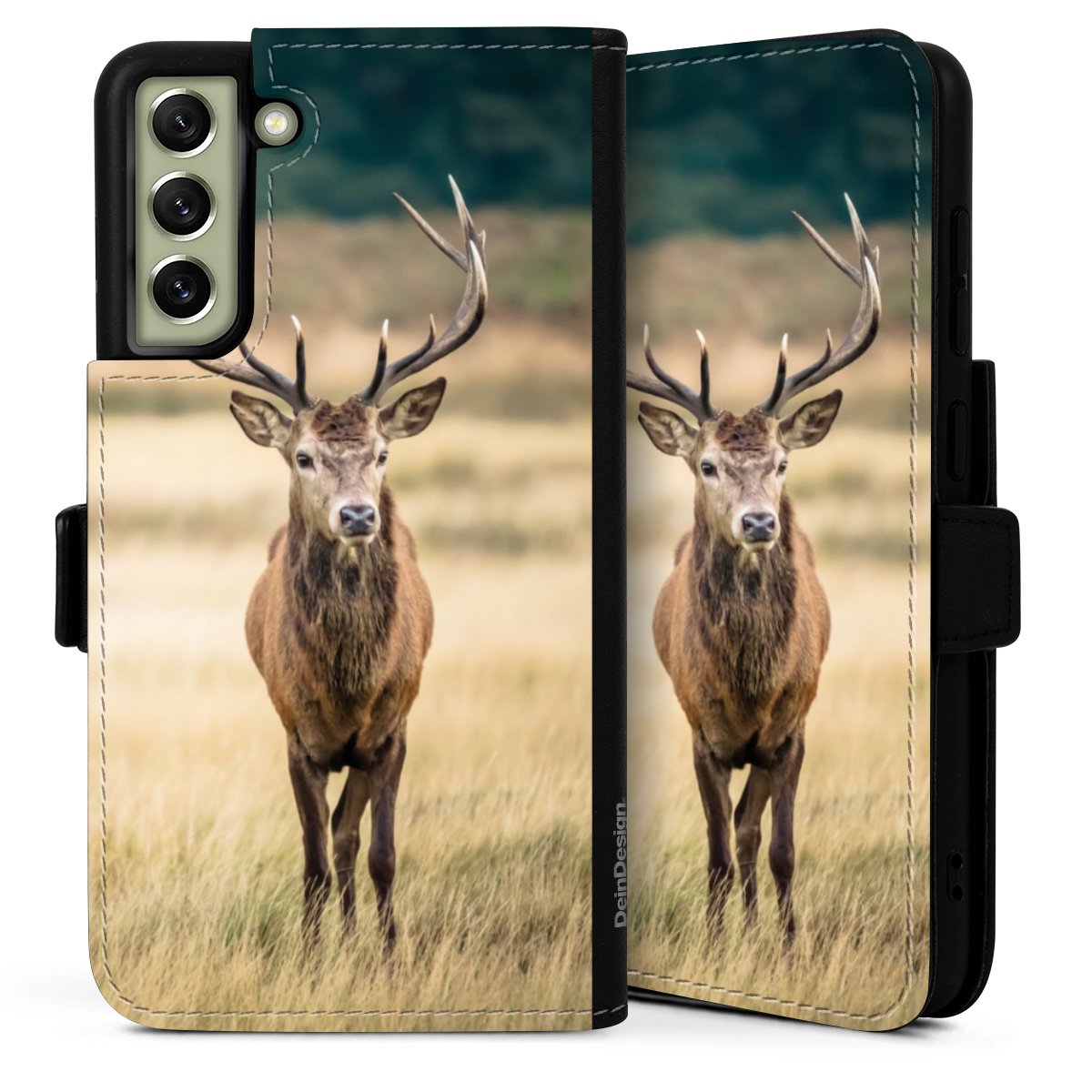 Galaxy S21 FE 5G Handy Klapphülle Handyhülle aus Kunst Leder schwarz Flip Case Deer Meadow Forrest Sideflip mit Lasche