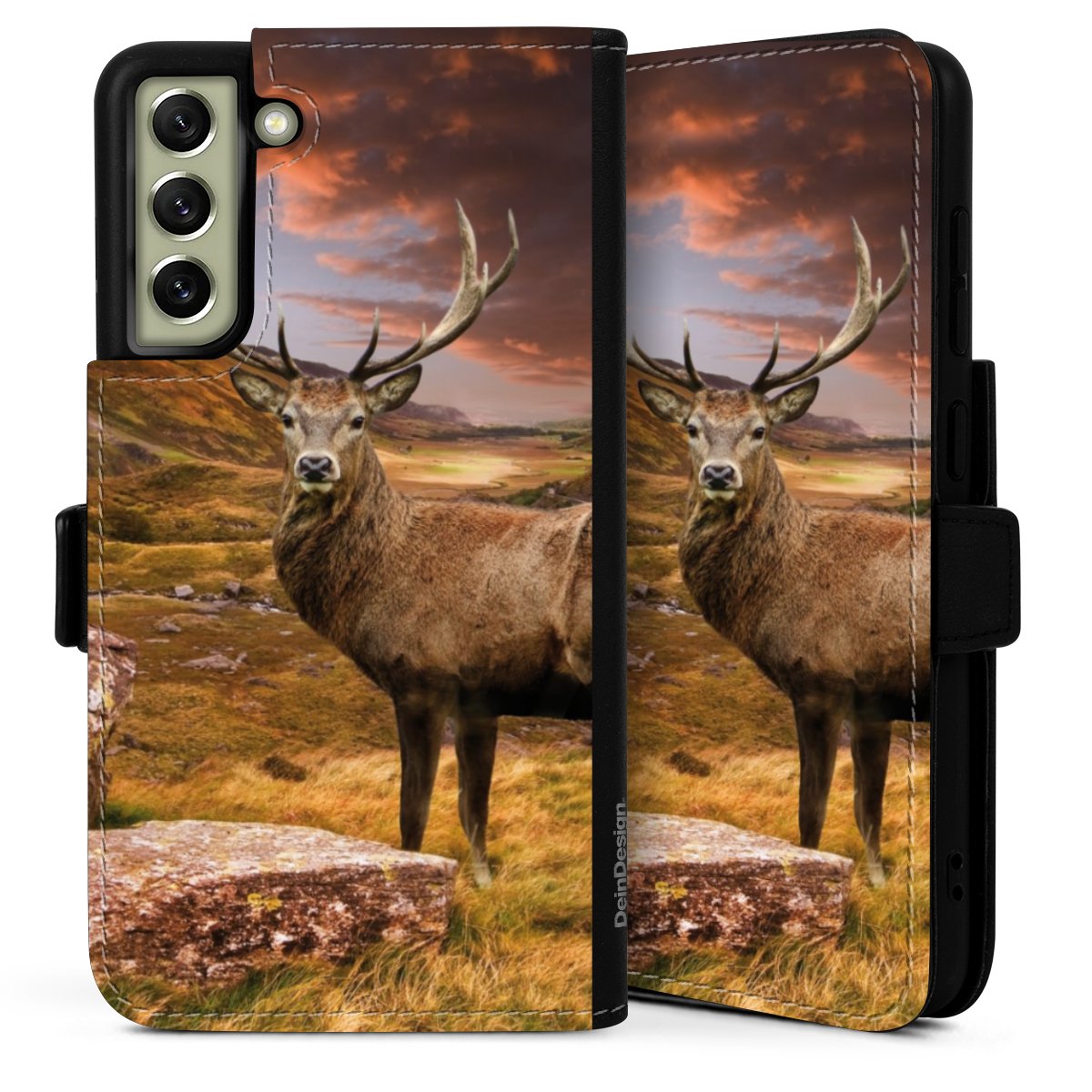 Galaxy S21 FE 5G Handy Klapphülle Handyhülle aus Kunst Leder schwarz Flip Case Meadow Mountain Deer Sideflip mit Lasche