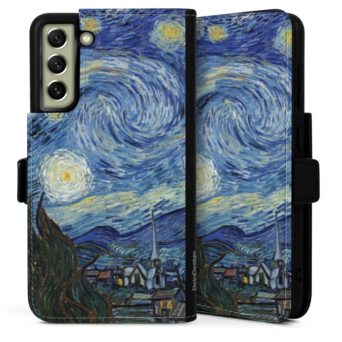 Galaxy S21 FE 5G Handy Klapphülle Handyhülle aus Kunst Leder schwarz Flip Case The Starry Night Kunst Vincent Van Gogh Sideflip mit Lasche