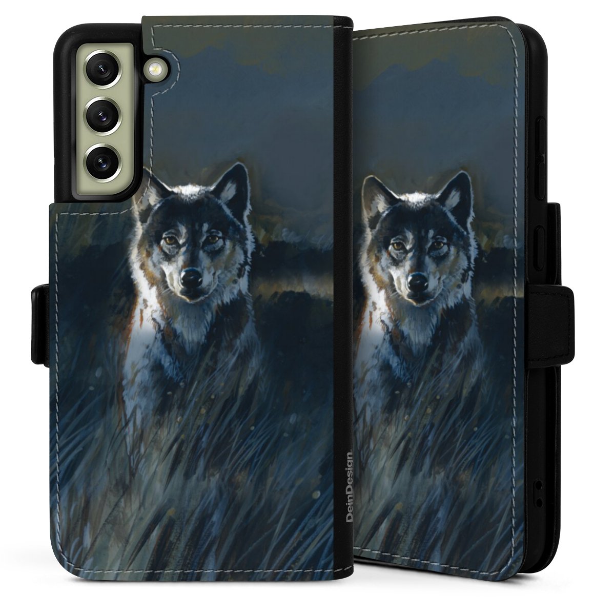 Galaxy S21 FE 5G Handy Klapphülle Handyhülle aus Kunst Leder schwarz Flip Case Nature Wolf Painting Sideflip mit Lasche