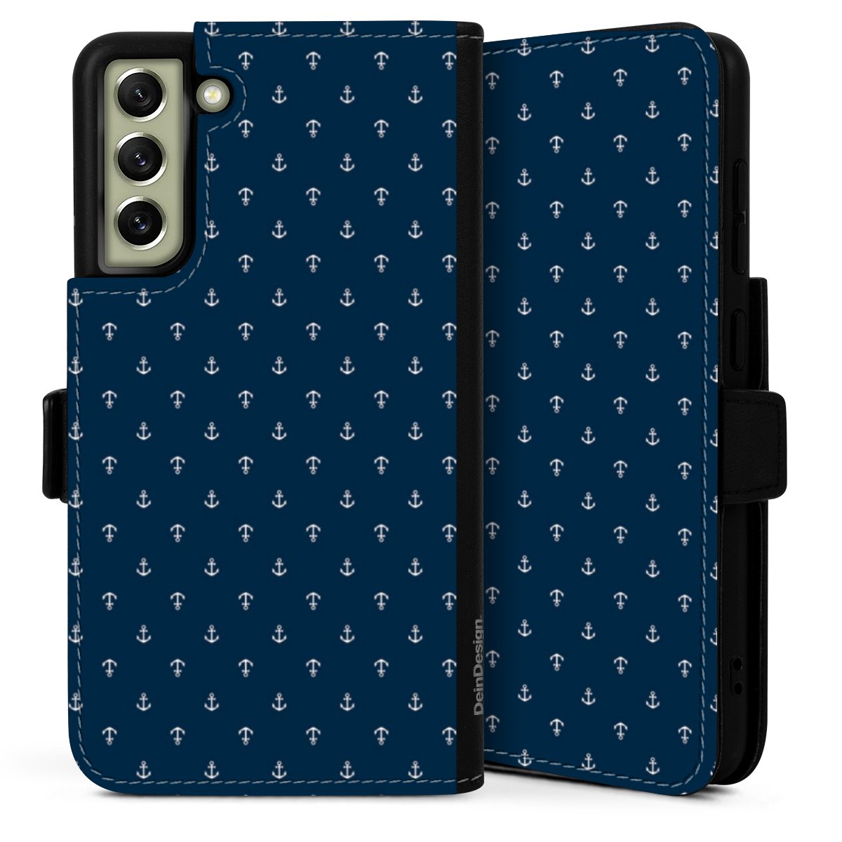 Galaxy S21 FE 5G Handy Klapphülle Handyhülle aus Kunst Leder schwarz Flip Case Muster Anchor Sail Sideflip mit Lasche