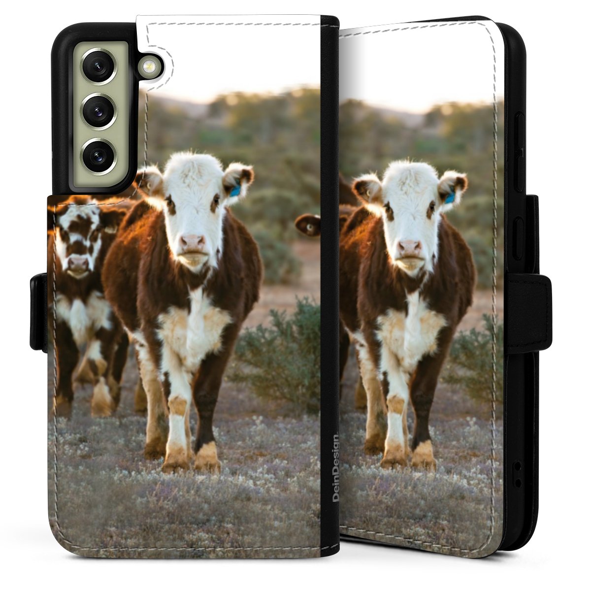 Galaxy S21 FE 5G Handy Klapphülle Handyhülle aus Kunst Leder schwarz Flip Case Cow Farmer Calf Sideflip mit Lasche