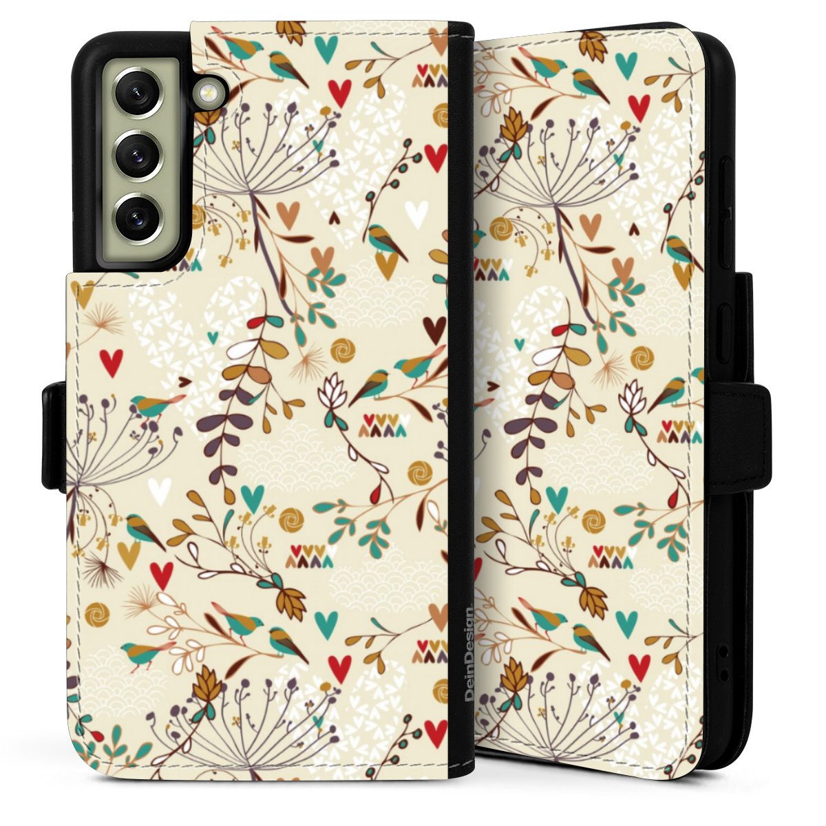 Galaxy S21 FE 5G Handy Klapphülle Handyhülle aus Kunst Leder schwarz Flip Case Bird Flowers Retro Sideflip mit Lasche