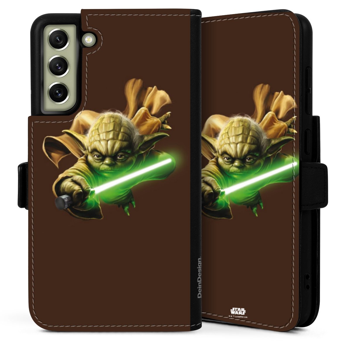 Galaxy S21 FE 5G Handy Klapphülle Handyhülle aus Kunst Leder schwarz Flip Case Yoda Merchandise Star Wars Sideflip mit Lasche