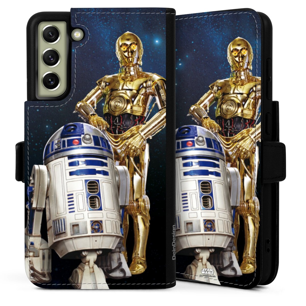 Galaxy S21 FE 5G Handy Klapphülle Handyhülle aus Kunst Leder schwarz Flip Case Weltall Star Wars R2d2 Sideflip mit Lasche