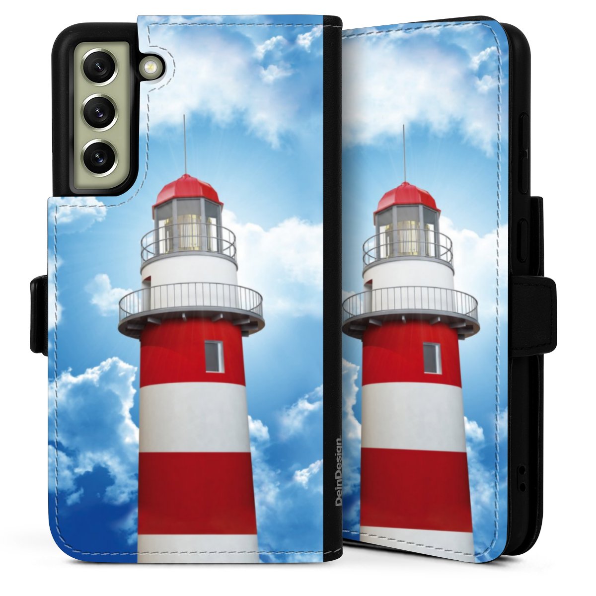 Galaxy S21 FE 5G Handy Klapphülle Handyhülle aus Kunst Leder schwarz Flip Case Lighthouse Sky Cloud Sideflip mit Lasche