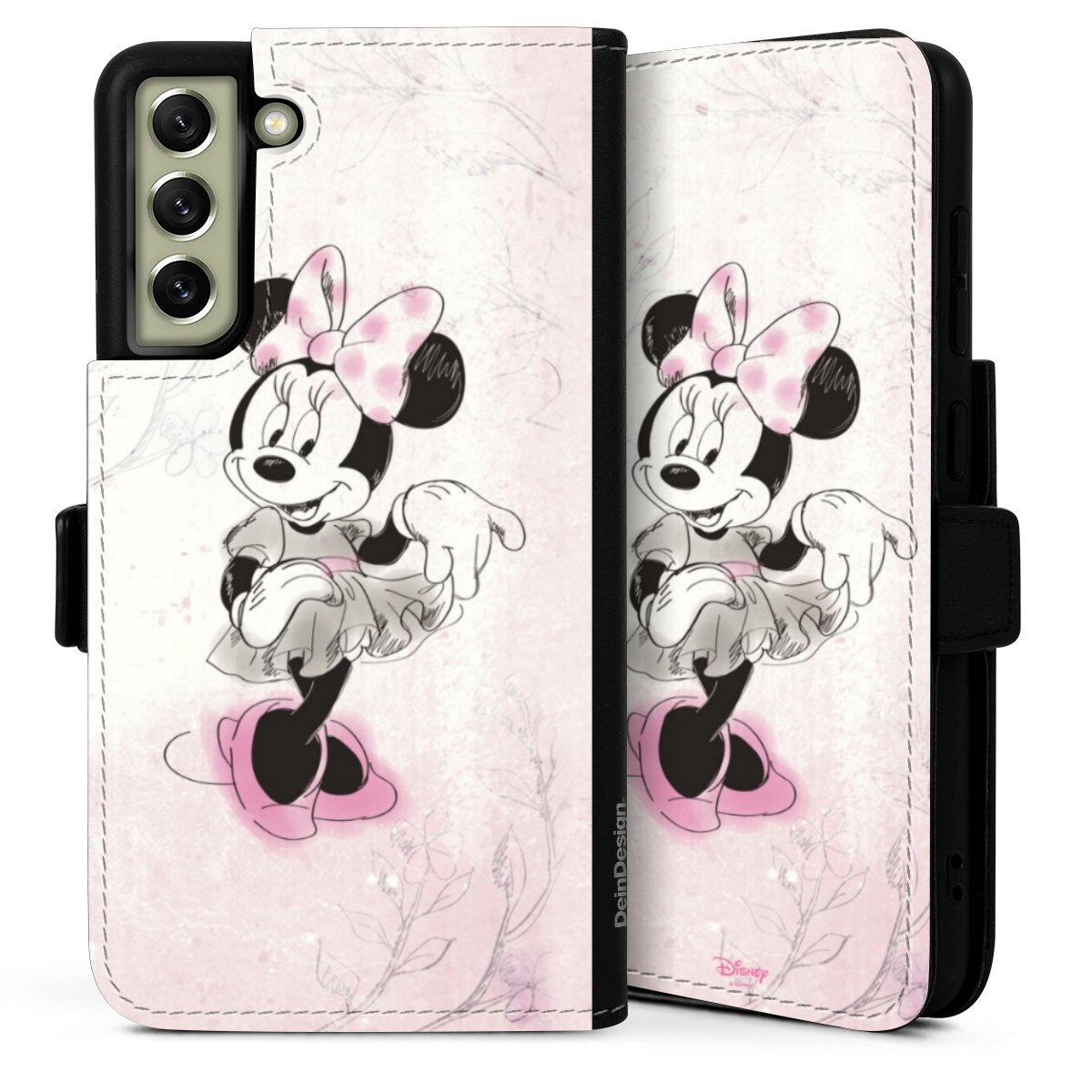 Galaxy S21 FE 5G Handy Klapphülle Handyhülle aus Kunst Leder schwarz Flip Case Disney Minnie Mouse Vintage Sideflip mit Lasche