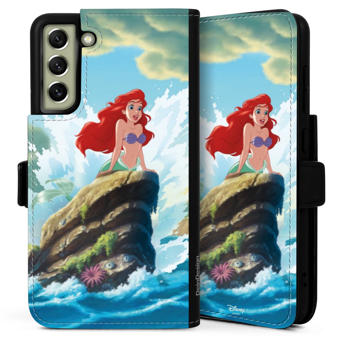 Galaxy S21 FE 5G Handy Klapphülle Handyhülle aus Kunst Leder schwarz Flip Case Mermaid Arielle Die Meerjungfrau Official Licensed Product Sideflip mit Lasche