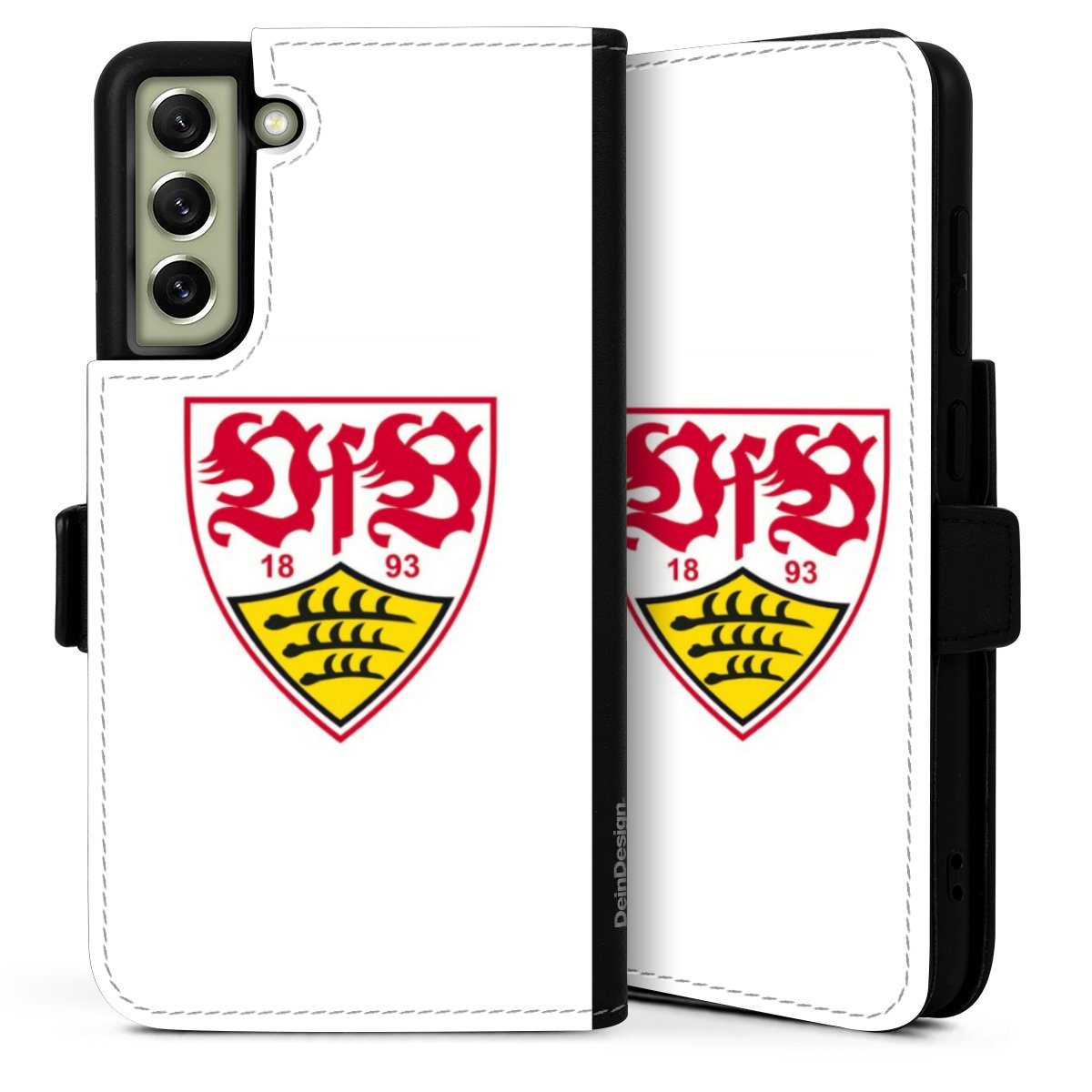 Galaxy S21 FE 5G Handy Klapphülle Handyhülle aus Kunst Leder schwarz Flip Case Logo Official Licensed Product Vfb Stuttgart Sideflip mit Lasche