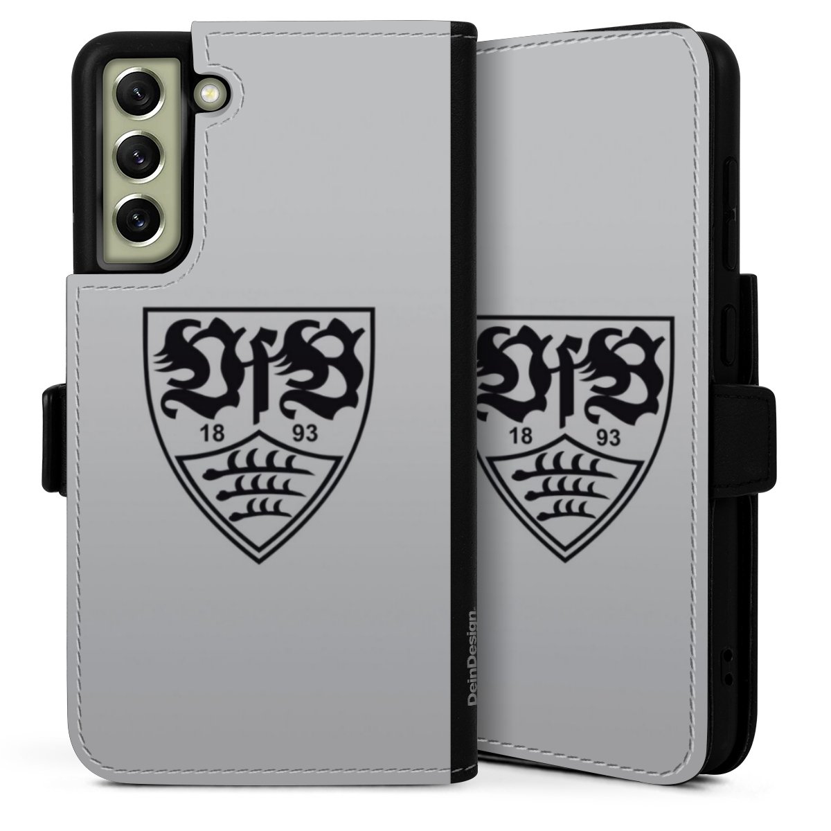 Galaxy S21 FE 5G Handy Klapphülle Handyhülle aus Kunst Leder schwarz Flip Case Logo Vfb Stuttgart Official Licensed Product Sideflip mit Lasche