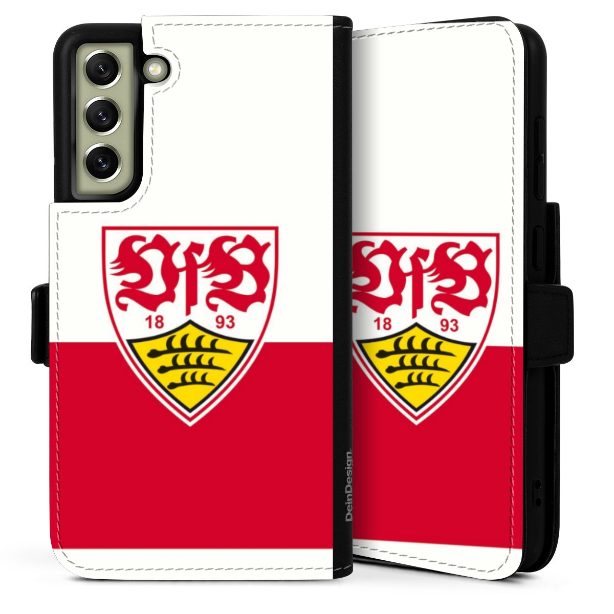 Galaxy S21 FE 5G Handy Klapphülle Handyhülle aus Kunst Leder schwarz Flip Case Official Licensed Product Logo Vfb Stuttgart Sideflip mit Lasche