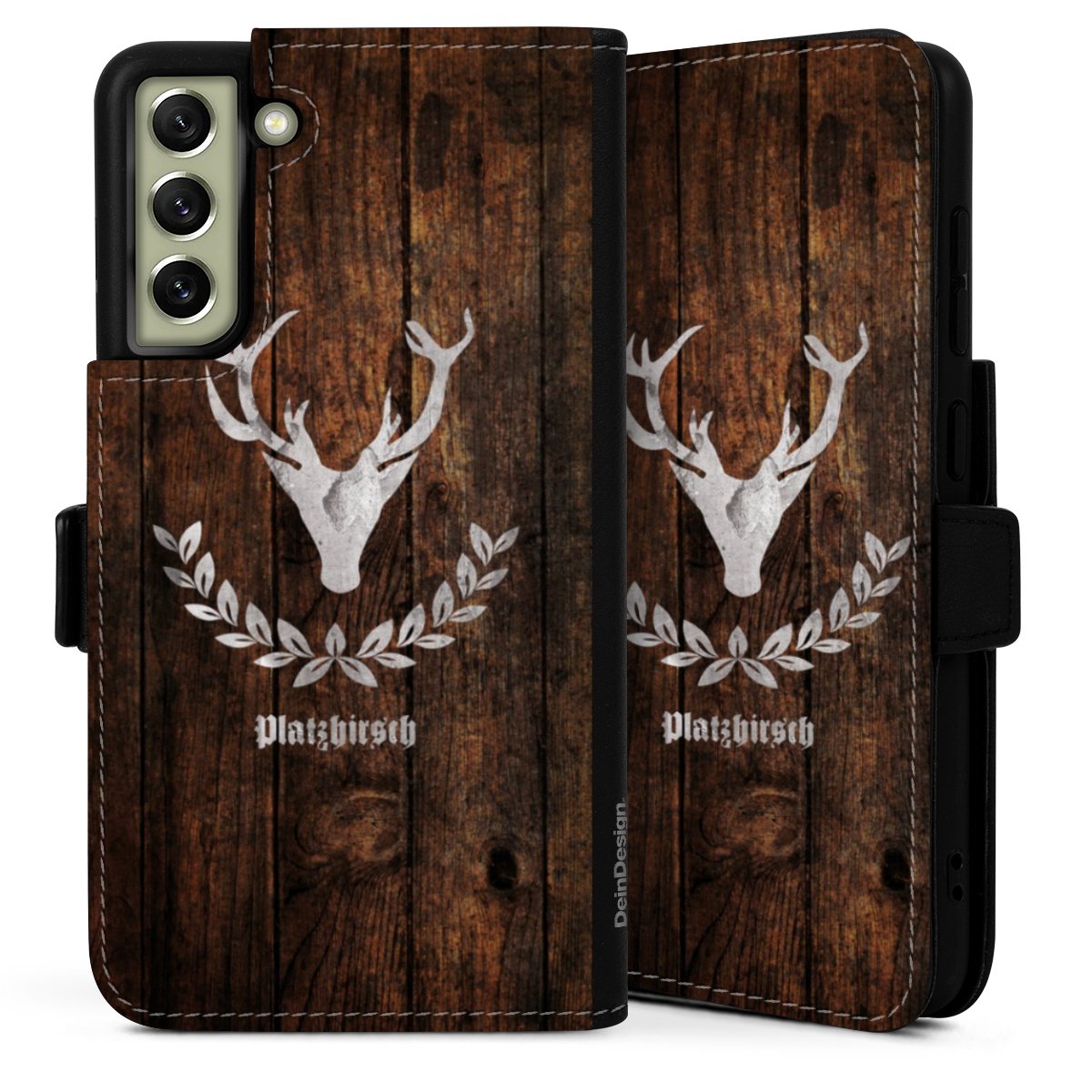 Galaxy S21 FE 5G Handy Klapphülle Handyhülle aus Kunst Leder schwarz Flip Case Deer Wood Wooden Look Sideflip mit Lasche