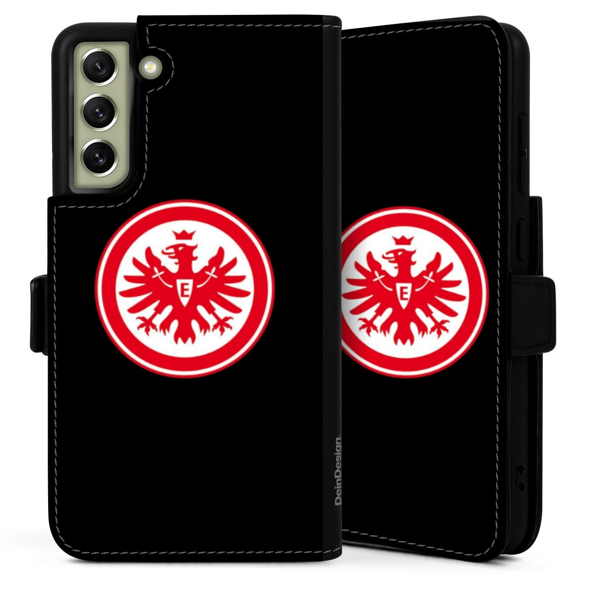 Galaxy S21 FE 5G Handy Klapphülle Handyhülle aus Kunst Leder schwarz Flip Case Eintracht Frankfurt Sge Eagle Sideflip mit Lasche