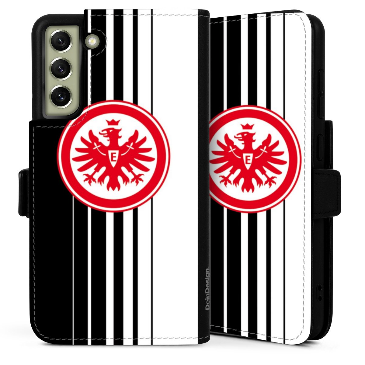 Galaxy S21 FE 5G Handy Klapphülle Handyhülle aus Kunst Leder schwarz Flip Case Stripes Eintracht Frankfurt Official Licensed Product Sideflip mit Lasche