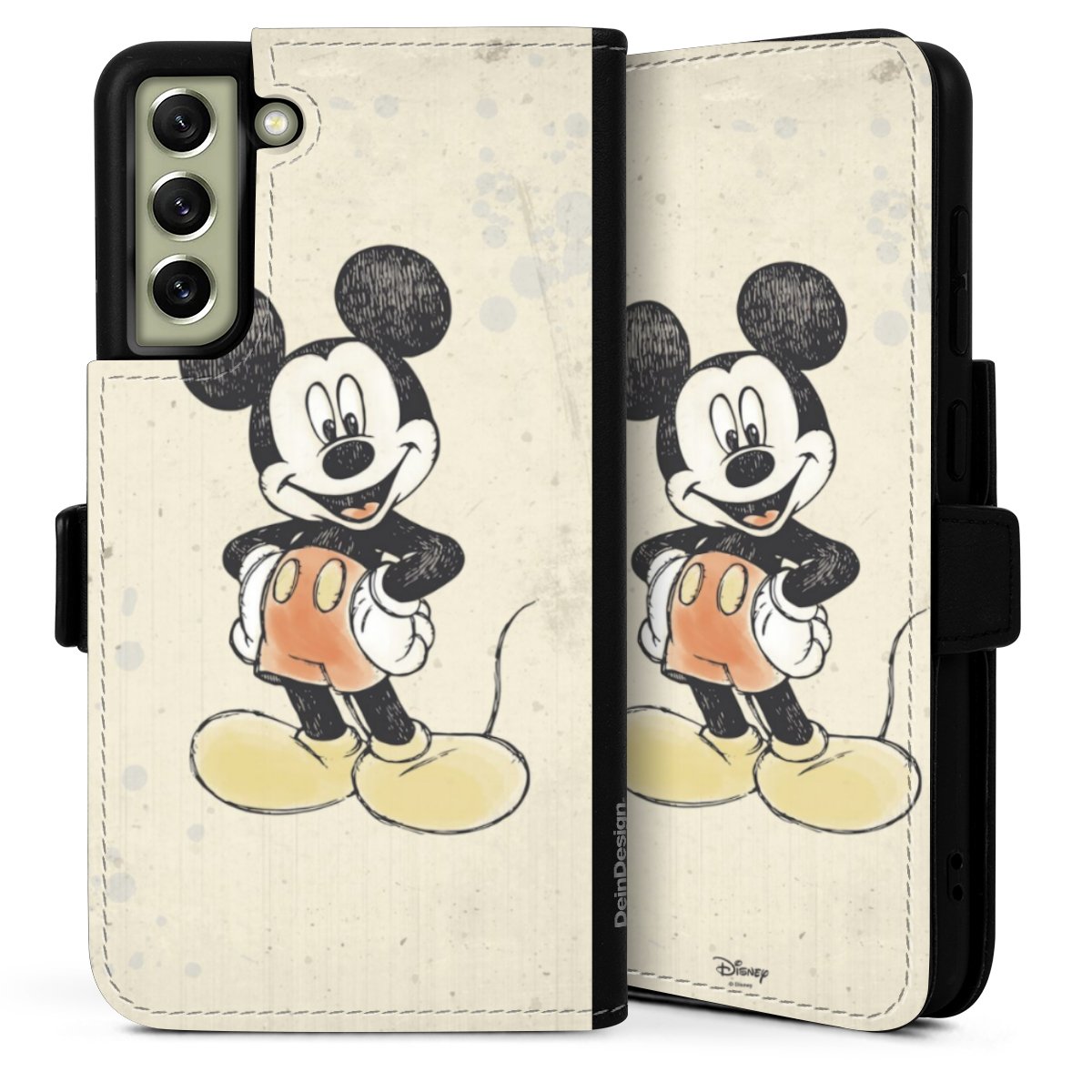 Galaxy S21 FE 5G Handy Klapphülle Handyhülle aus Kunst Leder schwarz Flip Case Water Colour Mickey & Minnie Mouse Official Licensed Product Sideflip mit Lasche