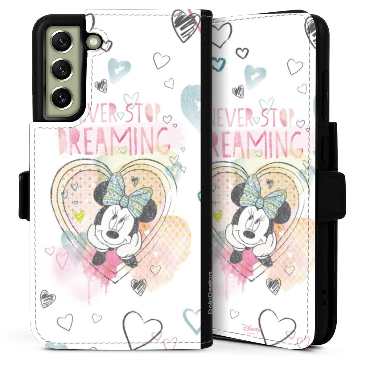 Galaxy S21 FE 5G Handy Klapphülle Handyhülle aus Kunst Leder schwarz Flip Case Disney Official Licensed Product Minnie Mouse Sideflip mit Lasche