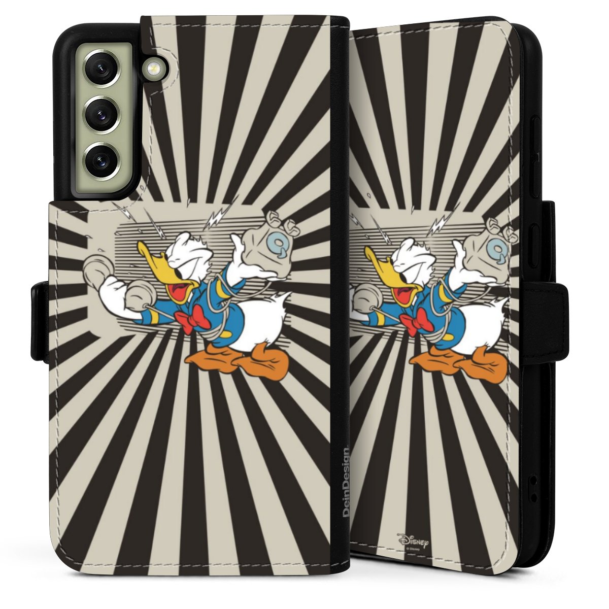 Galaxy S21 FE 5G Handy Klapphülle Handyhülle aus Kunst Leder schwarz Flip Case Donald Duck Disney Official Licensed Product Sideflip mit Lasche