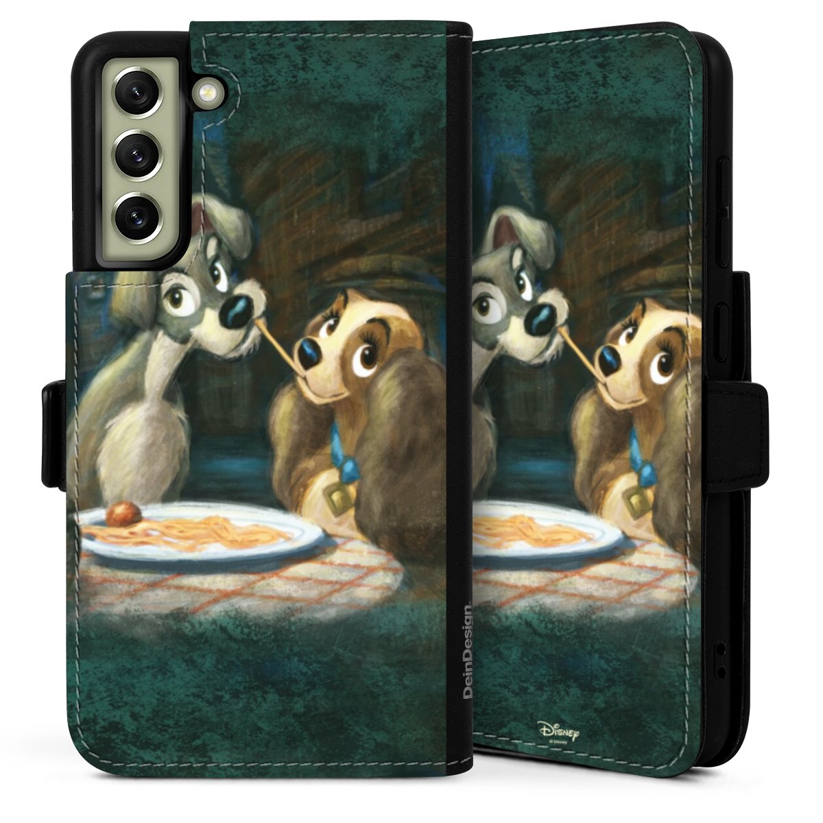 Galaxy S21 FE 5G Handy Klapphülle Handyhülle aus Kunst Leder schwarz Flip Case Lady And The Tramp Official Licensed Product Disney Sideflip mit Lasche