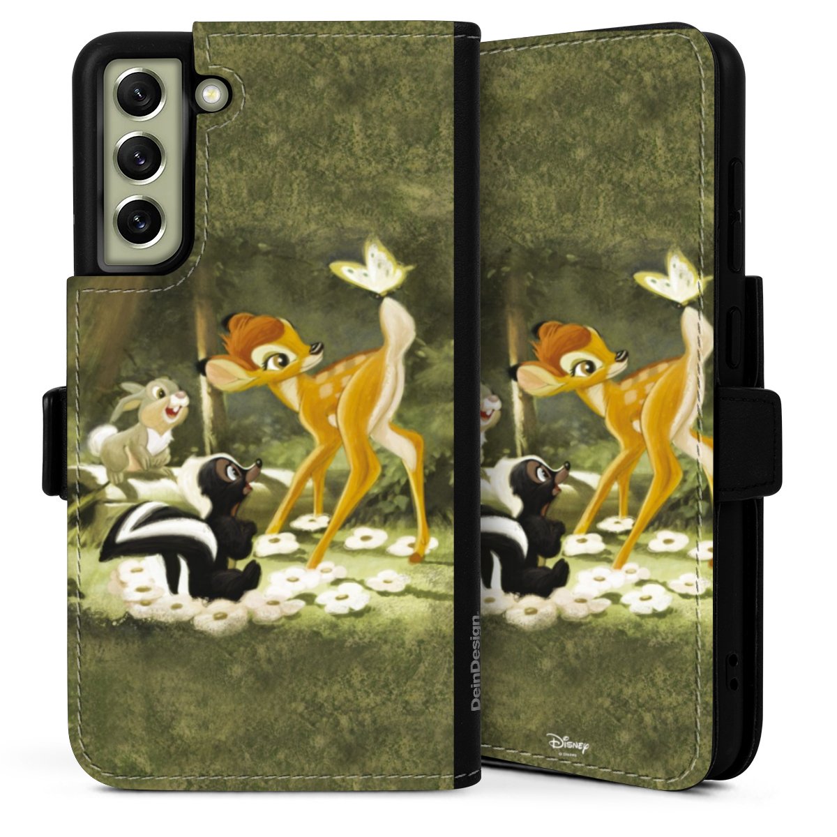 Galaxy S21 FE 5G Handy Klapphülle Handyhülle aus Kunst Leder schwarz Flip Case Disney Official Licensed Product Bambi Sideflip mit Lasche