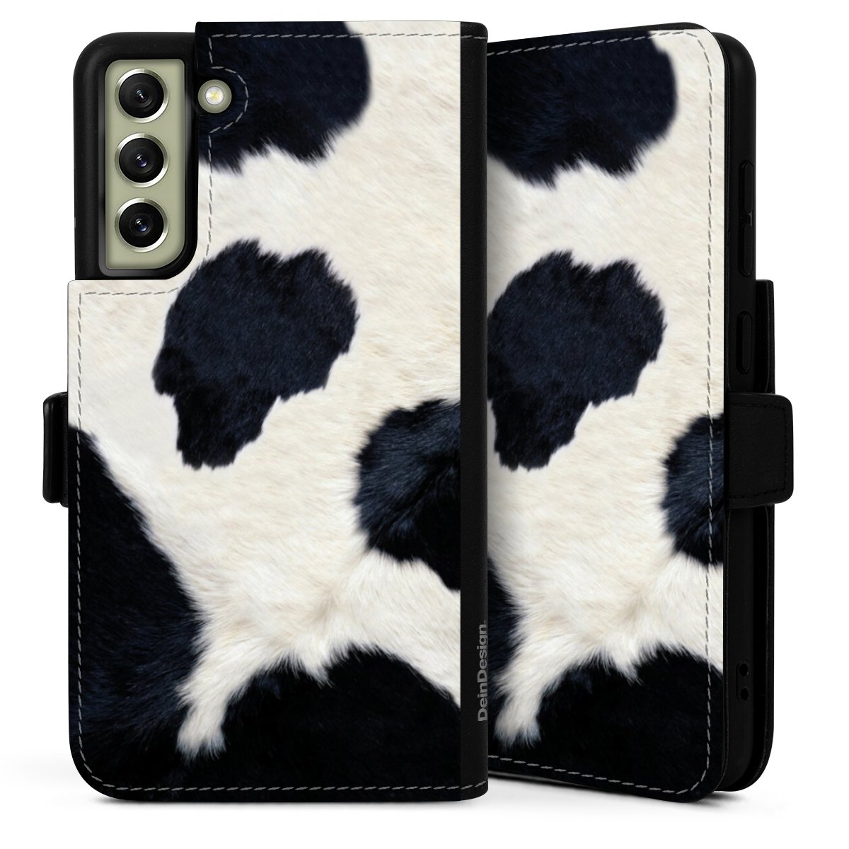 Galaxy S21 FE 5G Handy Klapphülle Handyhülle aus Kunst Leder schwarz Flip Case Animal Look Animal Print Cow Skin Sideflip mit Lasche