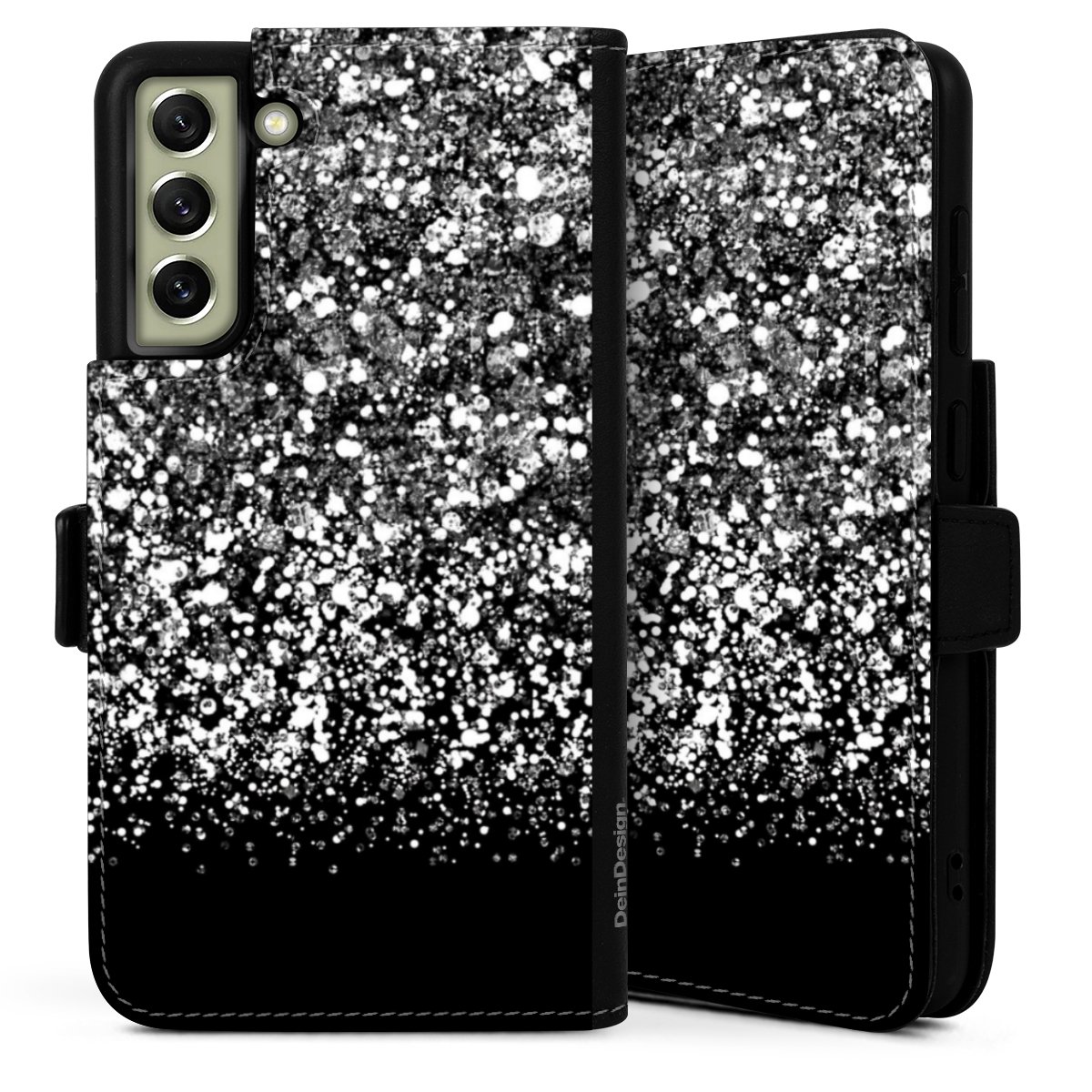 Galaxy S21 FE 5G Handy Klapphülle Handyhülle aus Kunst Leder schwarz Flip Case Glitzer Snowflake Muster Sideflip mit Lasche