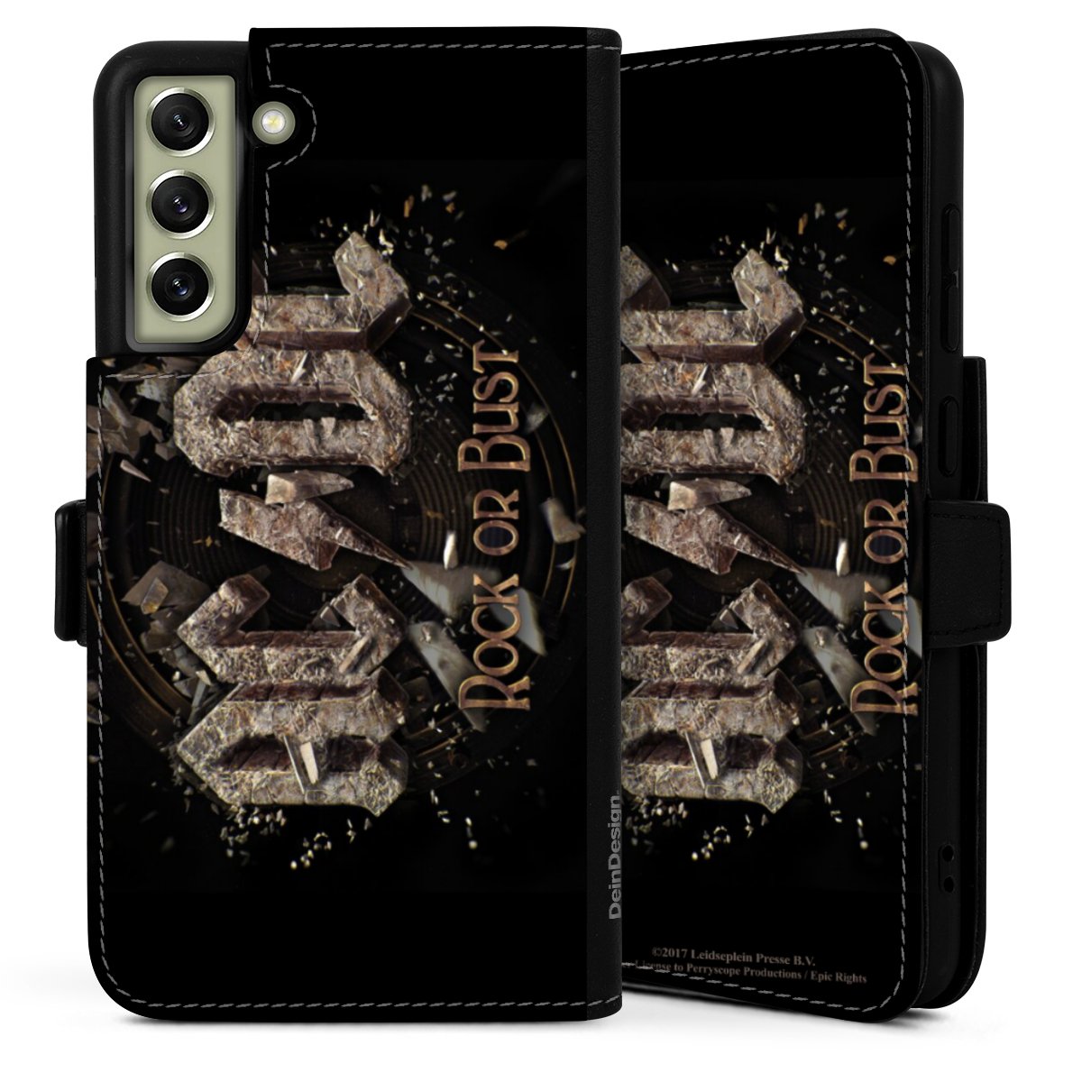 Galaxy S21 FE 5G Handy Klapphülle Handyhülle aus Kunst Leder schwarz Flip Case Acdc Official Licensed Product Rock Or Bust Sideflip mit Lasche