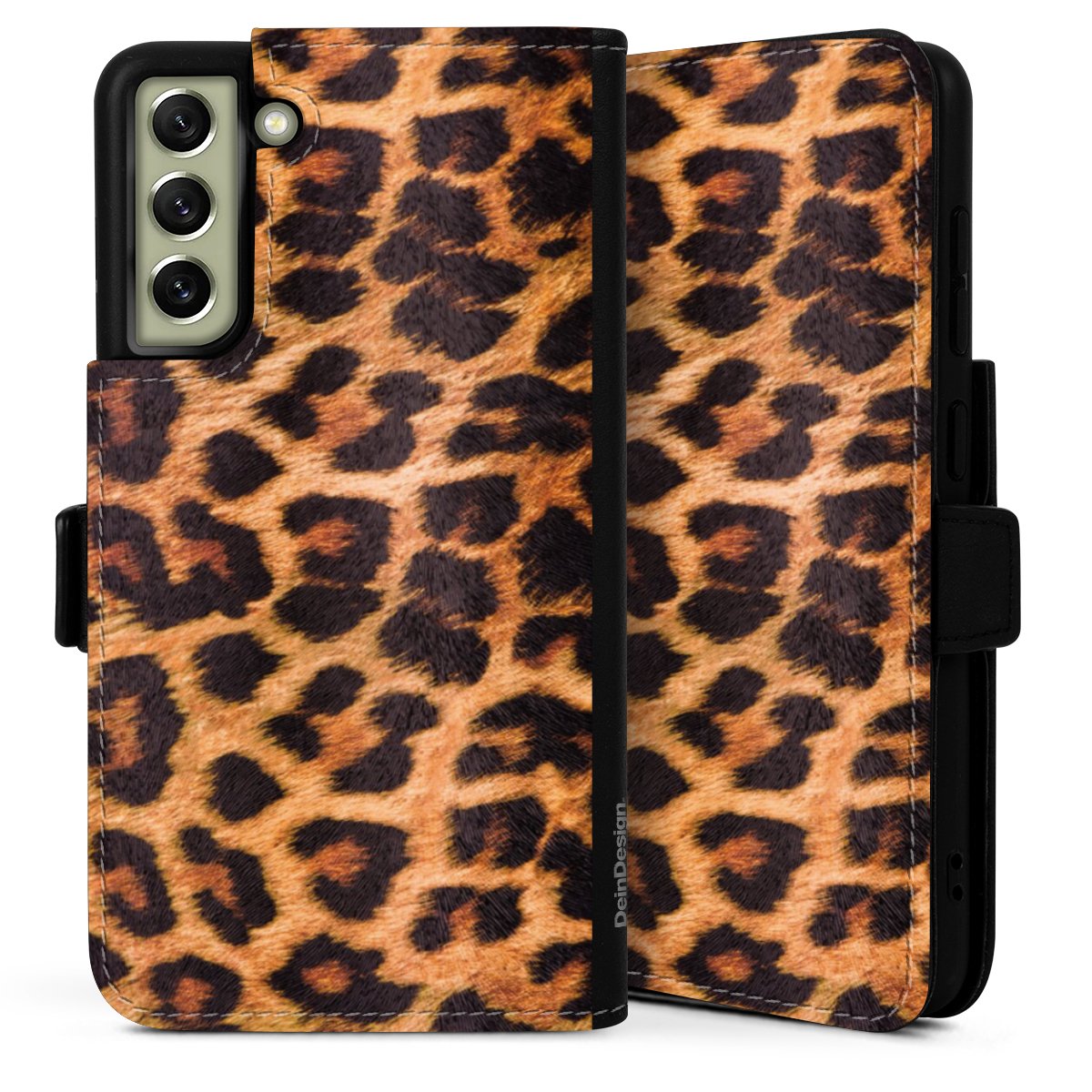 Galaxy S21 FE 5G Handy Klapphülle Handyhülle aus Kunst Leder schwarz Flip Case Animal Print Leopard Fur Sideflip mit Lasche