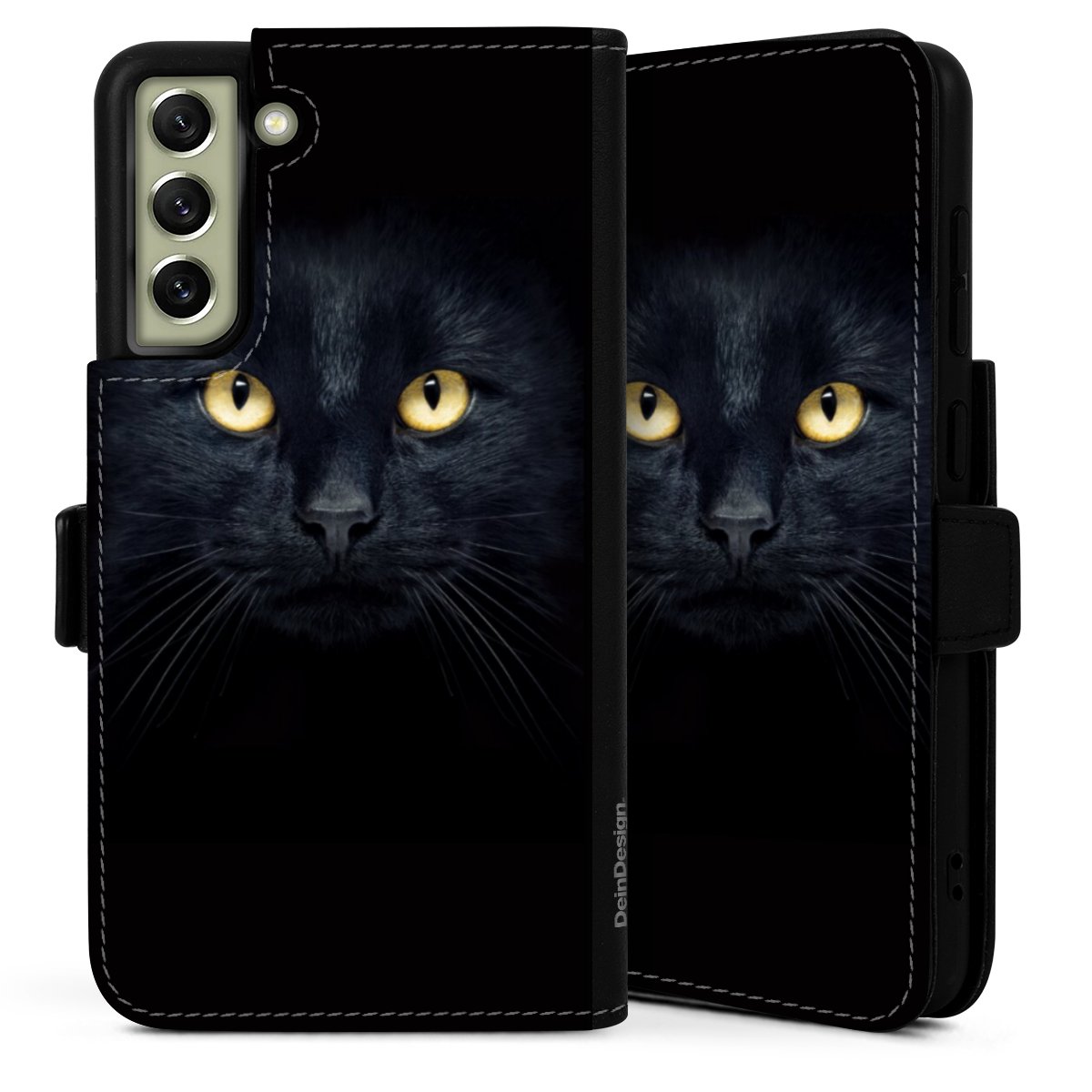 Galaxy S21 FE 5G Handy Klapphülle Handyhülle aus Kunst Leder schwarz Flip Case Eye Cat Black Sideflip mit Lasche