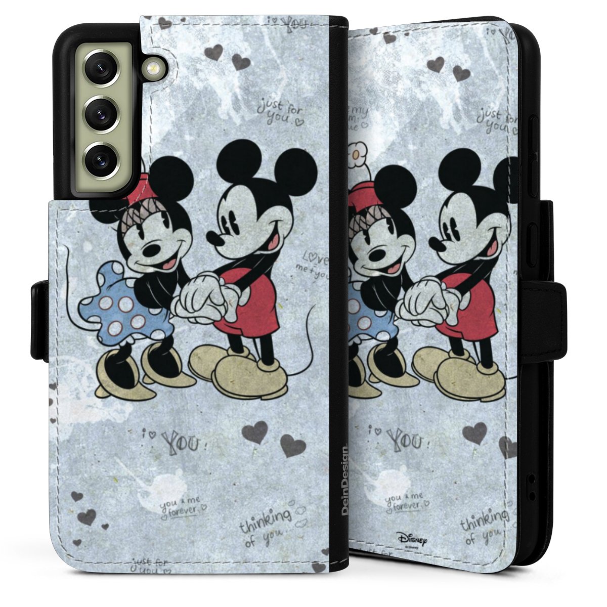 Galaxy S21 FE 5G Handy Klapphülle Handyhülle aus Kunst Leder schwarz Flip Case Mickey & Minnie Mouse Vintage Disney Sideflip mit Lasche