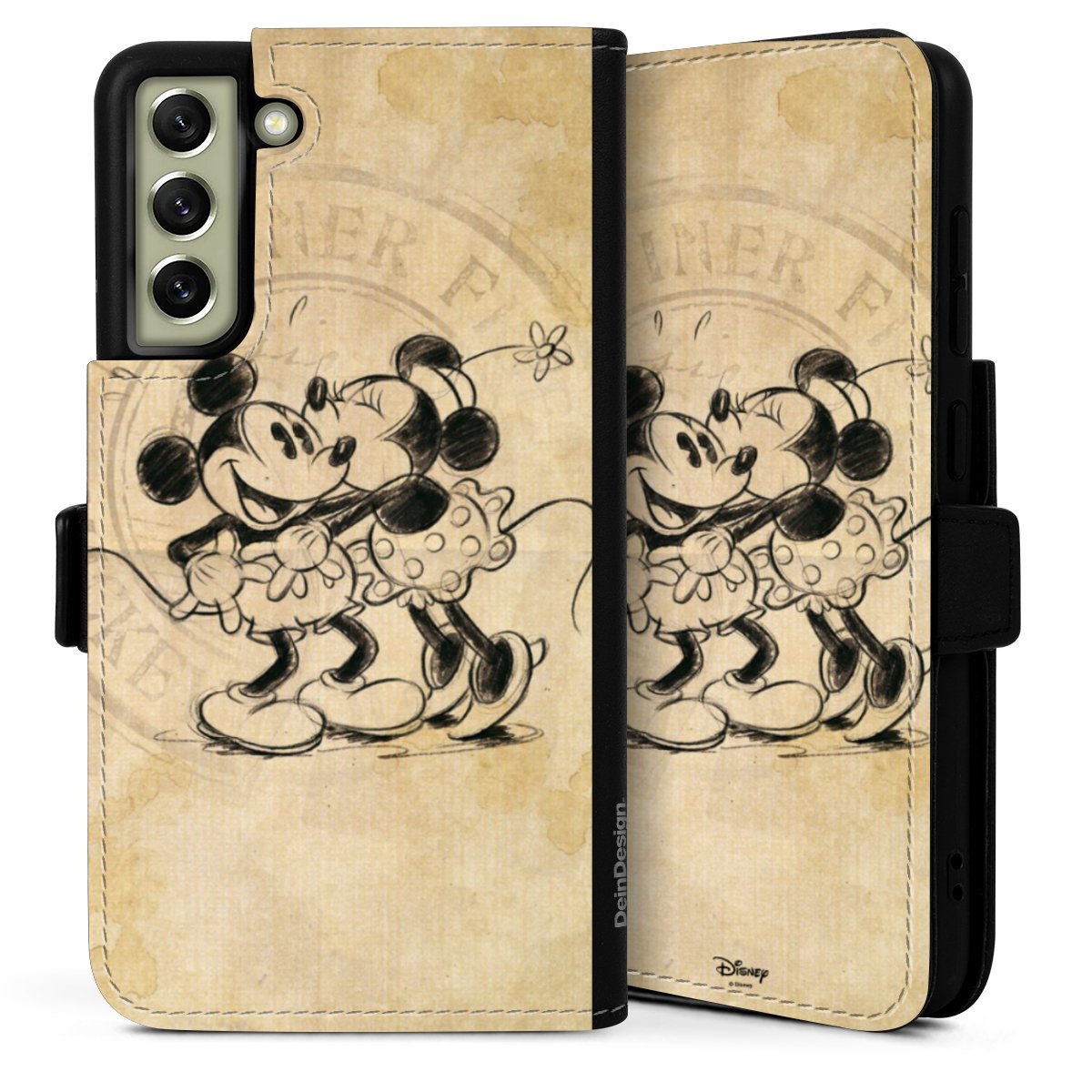 Galaxy S21 FE 5G Handy Klapphülle Handyhülle aus Kunst Leder schwarz Flip Case Mickey Mouse Vintage Minnie Mouse Sideflip mit Lasche