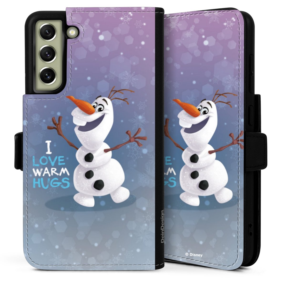 Galaxy S21 FE 5G Handy Klapphülle Handyhülle aus Kunst Leder schwarz Flip Case Frozen Frozen Olaf Official Licensed Product Sideflip mit Lasche