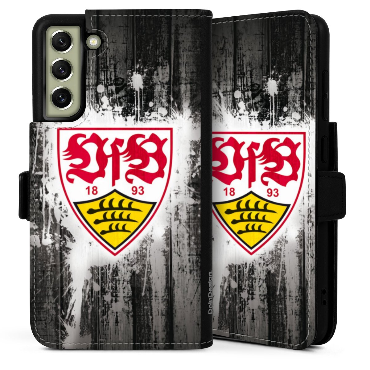 Galaxy S21 FE 5G Handy Klapphülle Handyhülle aus Kunst Leder schwarz Flip Case Vfb Stuttgart Official Licensed Product Sideflip mit Lasche