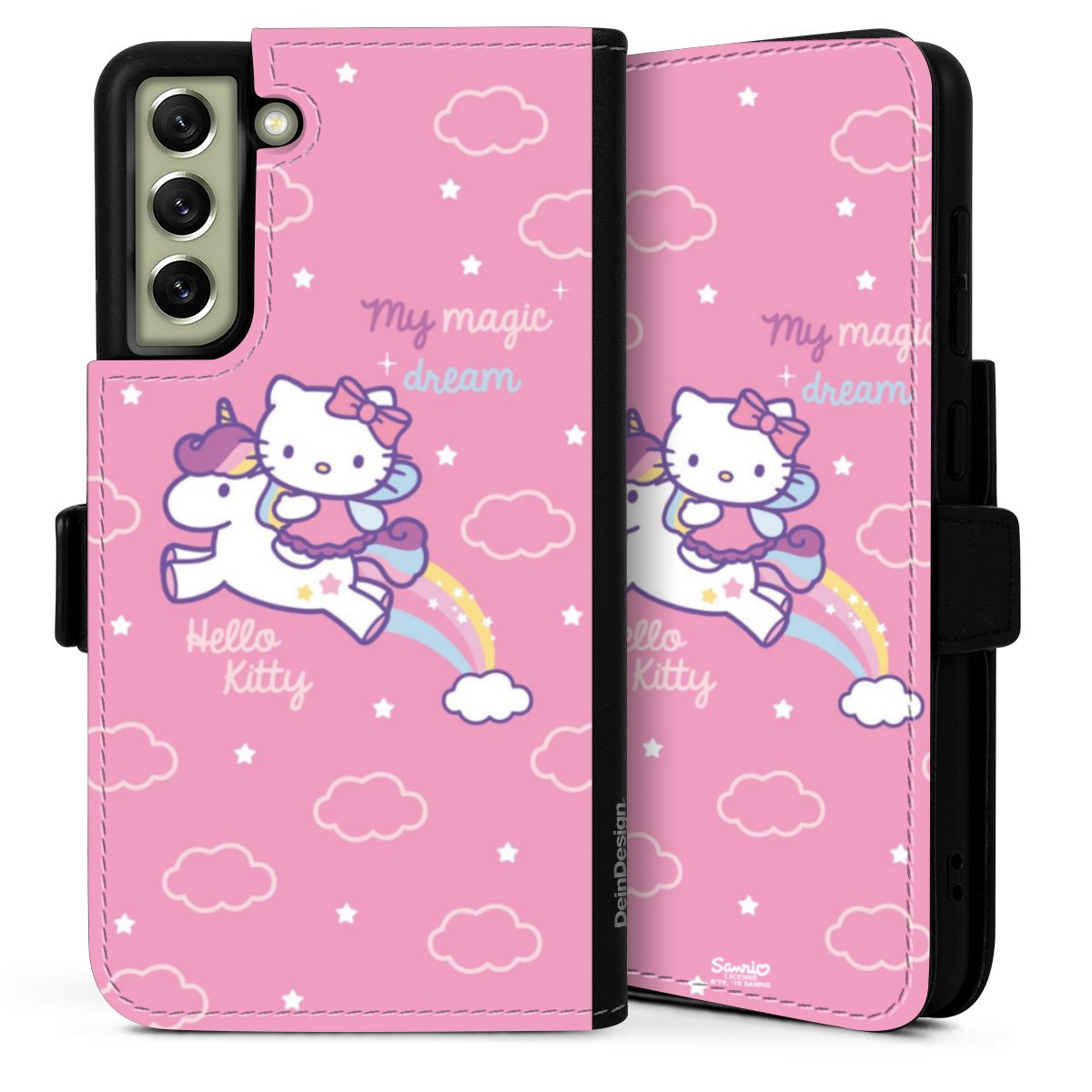 Galaxy S21 FE 5G Handy Klapphülle Handyhülle aus Kunst Leder schwarz Flip Case Einhorn Official Licensed Product Hello Kitty Sideflip mit Lasche