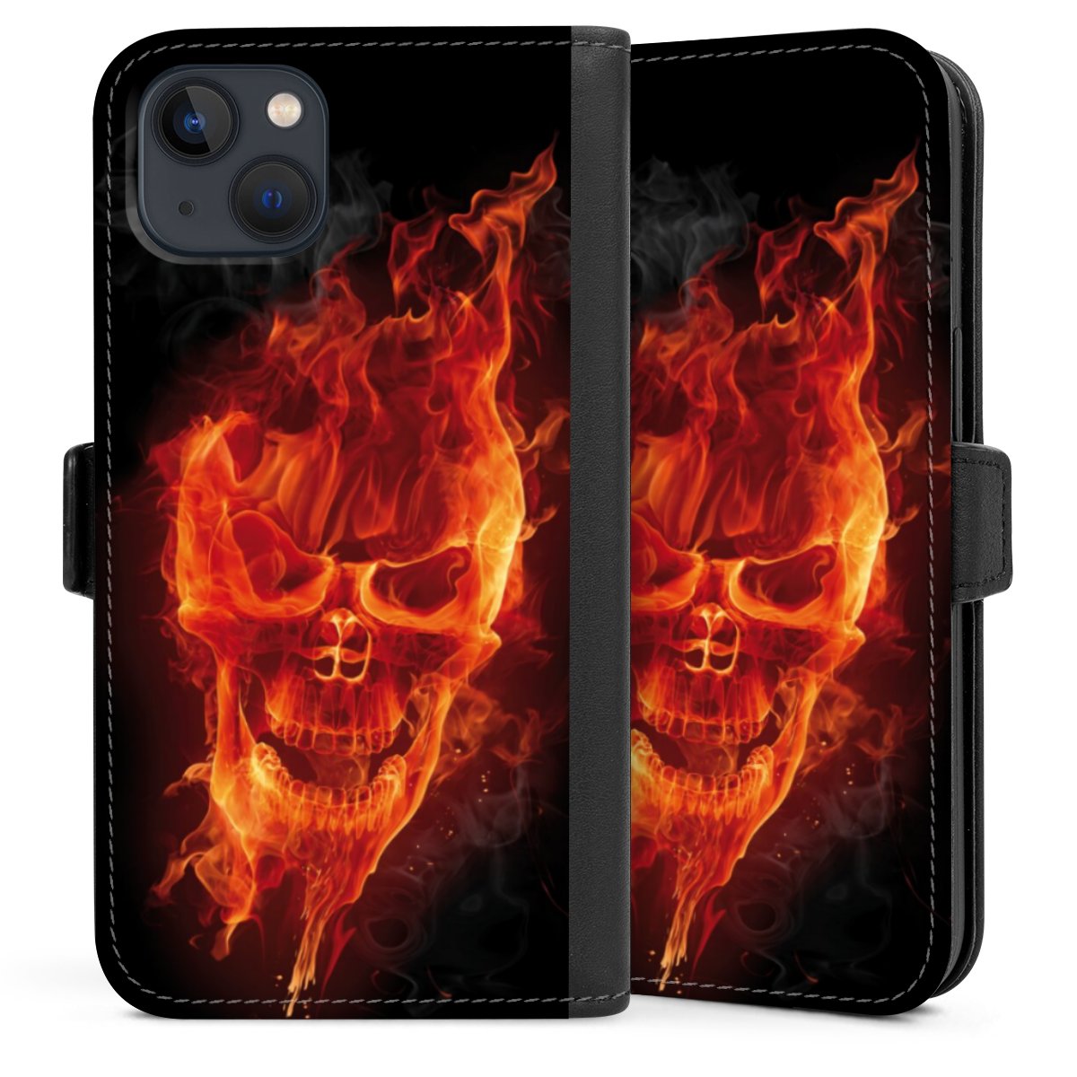 iPhone 13 Handy Klapphülle Handyhülle aus Kunst Leder schwarz Flip Case Totenkopf Skull Fire Sideflip mit Lasche